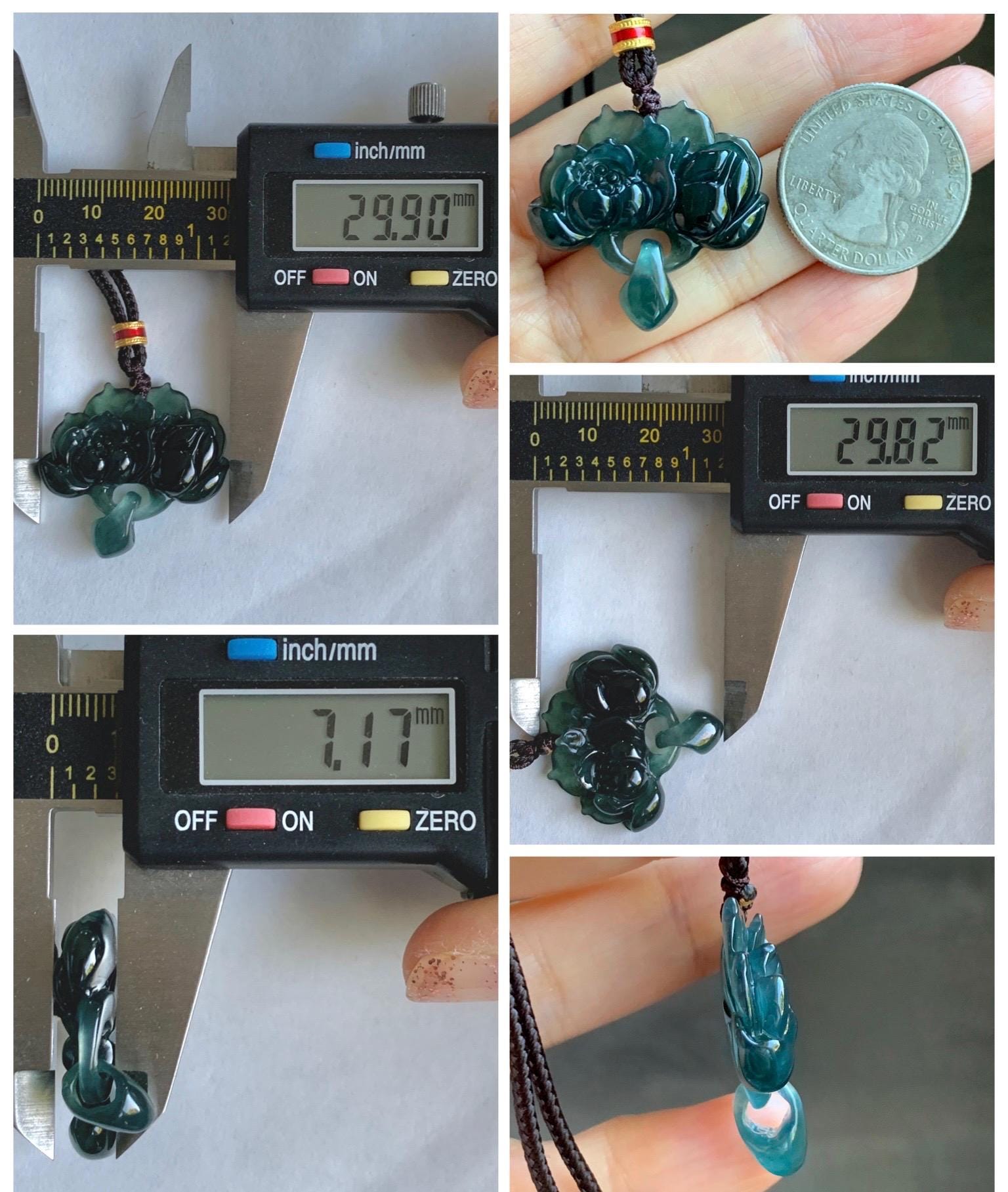 Natural Grade A Guatemalan Icy Translucent Dark Teal Green Jade Jadeite Lotus Flower Pendant Rope Necklace 26” 天然冰胶危深蓝绿翡翠莲花吊坠 WLH316A