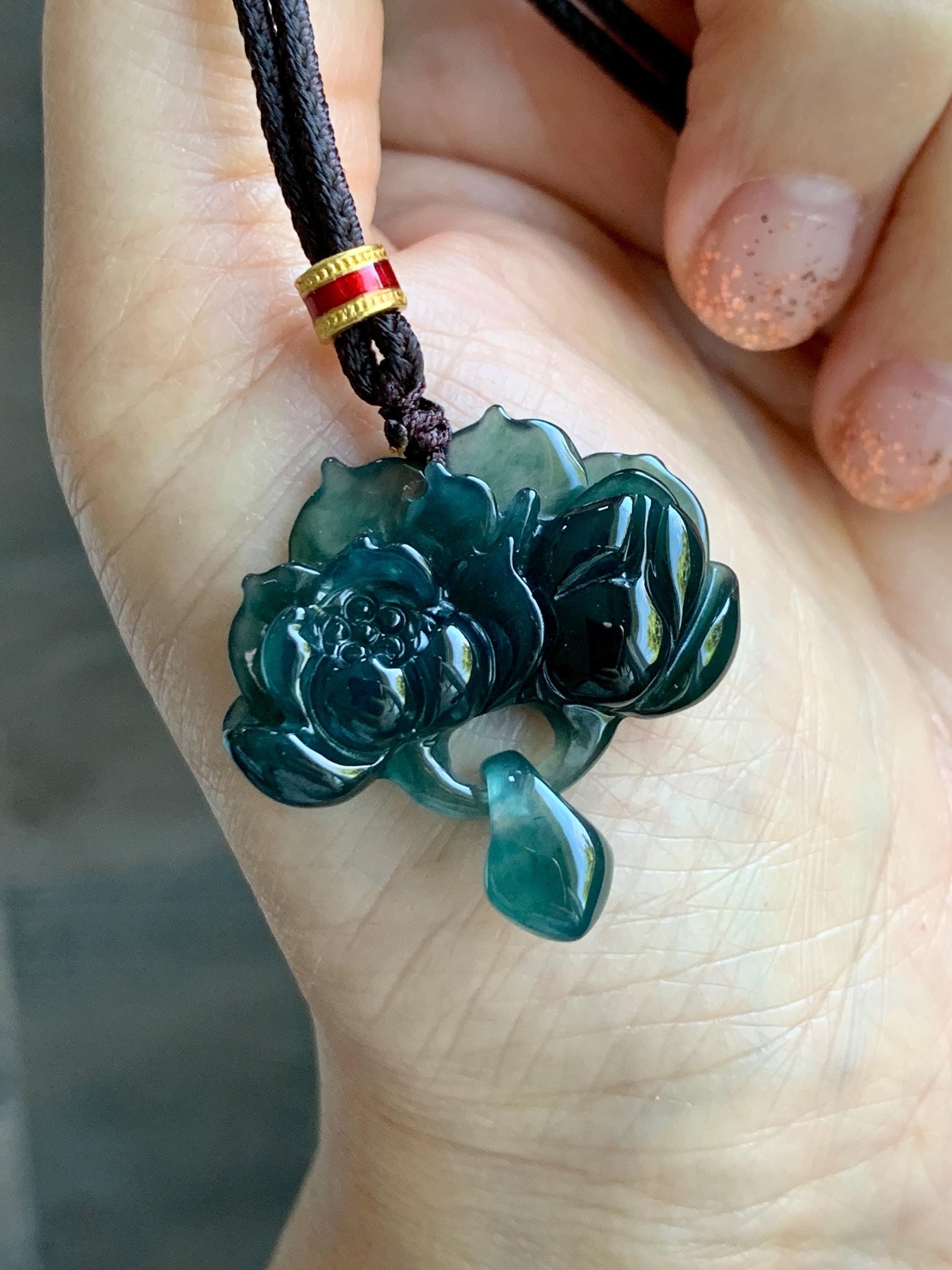 Natural Grade A Guatemalan Icy Translucent Dark Teal Green Jade Jadeite Lotus Flower Pendant Rope Necklace 26” 天然冰胶危深蓝绿翡翠莲花吊坠 WLH316A