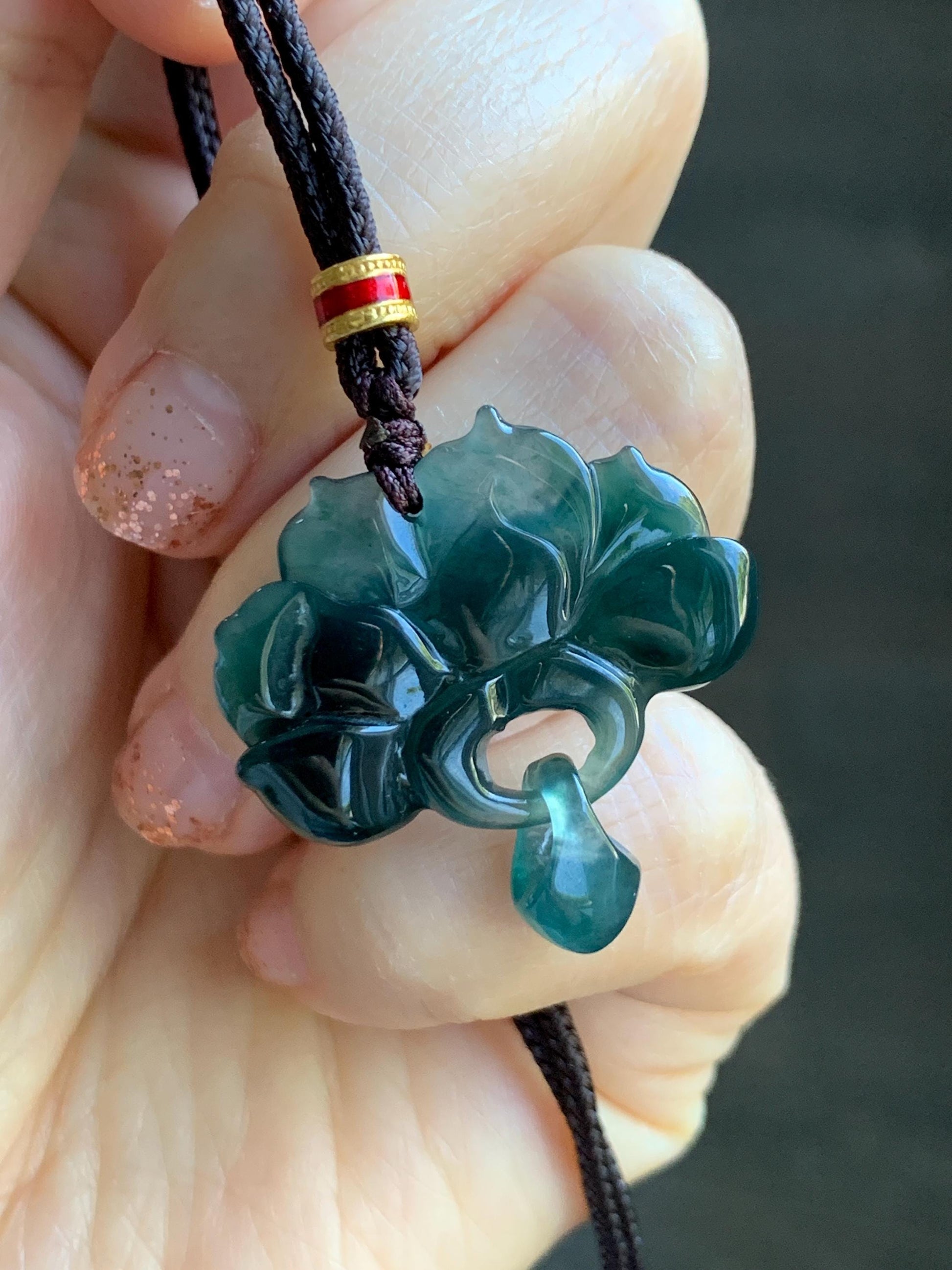 Natural Grade A Guatemalan Icy Translucent Dark Teal Green Jade Jadeite Lotus Flower Pendant Rope Necklace 26” 天然冰胶危深蓝绿翡翠莲花吊坠 WLH316A