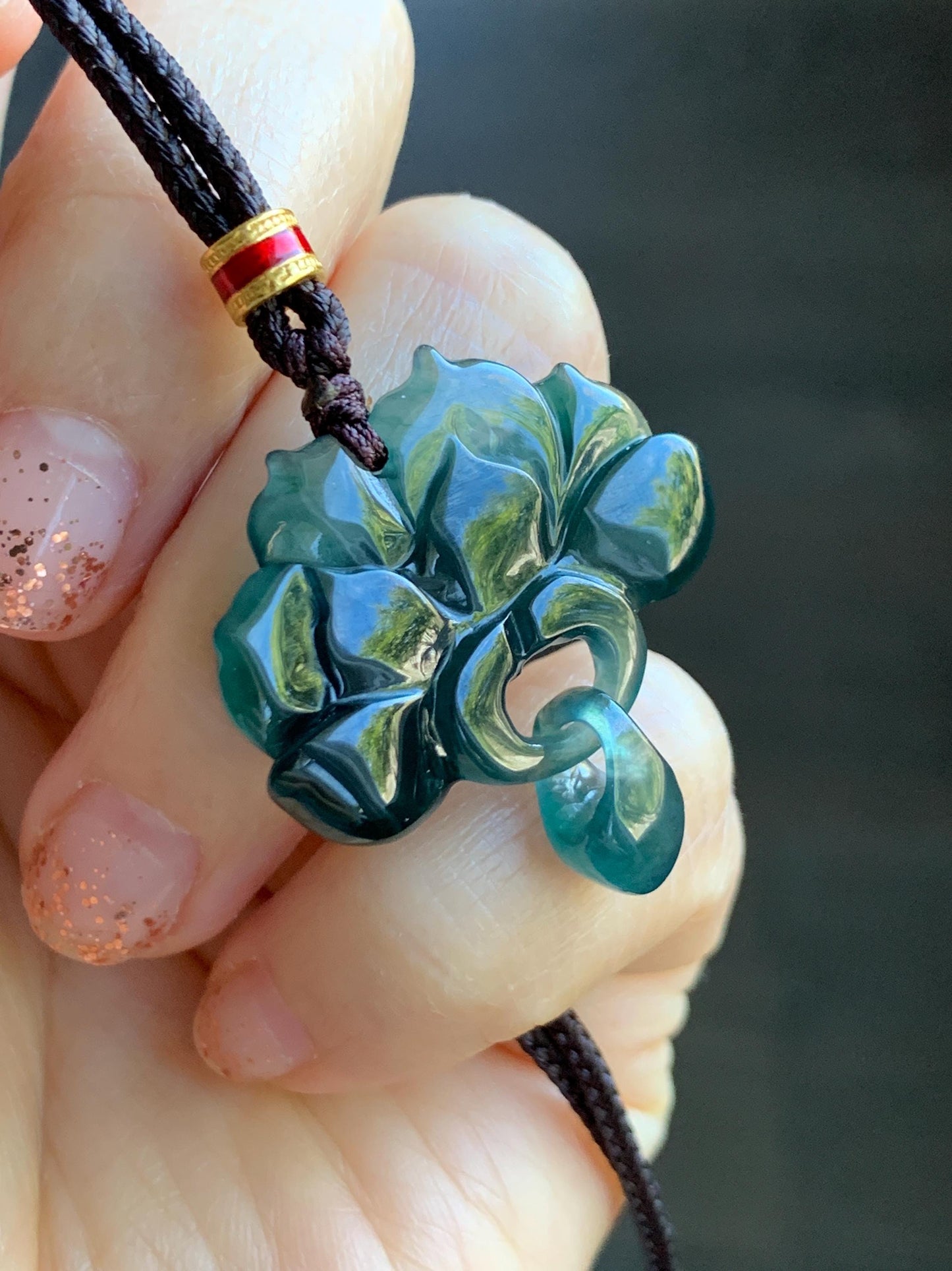 Natural Grade A Guatemalan Icy Translucent Dark Teal Green Jade Jadeite Lotus Flower Pendant Rope Necklace 26” 天然冰胶危深蓝绿翡翠莲花吊坠 WLH316A