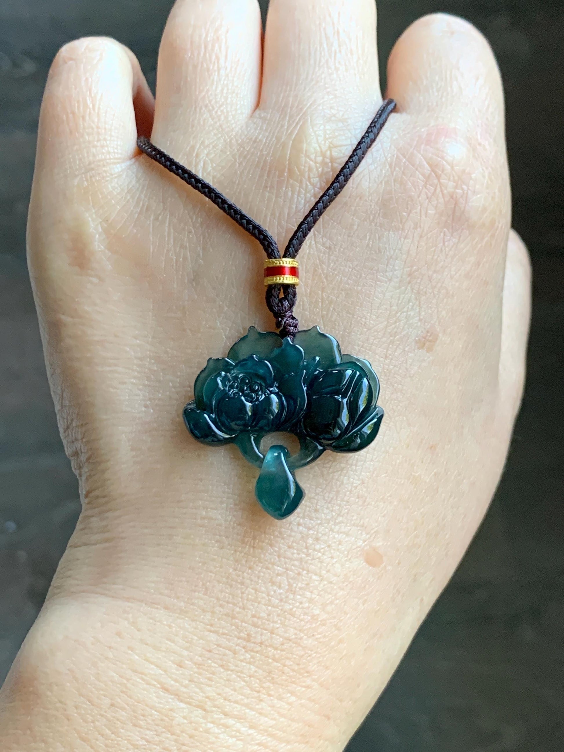 Natural Grade A Guatemalan Icy Translucent Dark Teal Green Jade Jadeite Lotus Flower Pendant Rope Necklace 26” 天然冰胶危深蓝绿翡翠莲花吊坠 WLH316A