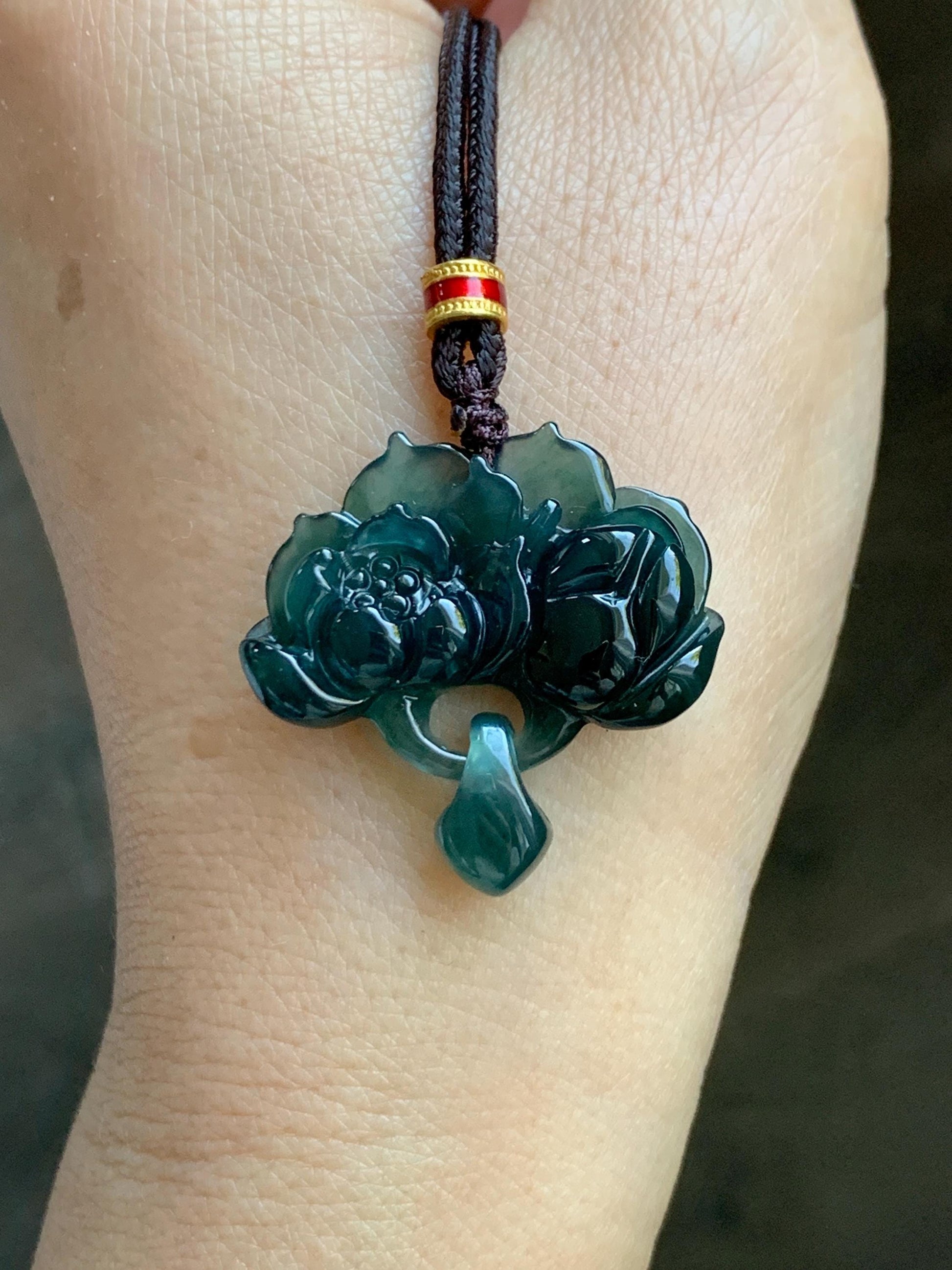 Natural Grade A Guatemalan Icy Translucent Dark Teal Green Jade Jadeite Lotus Flower Pendant Rope Necklace 26” 天然冰胶危深蓝绿翡翠莲花吊坠 WLH316A