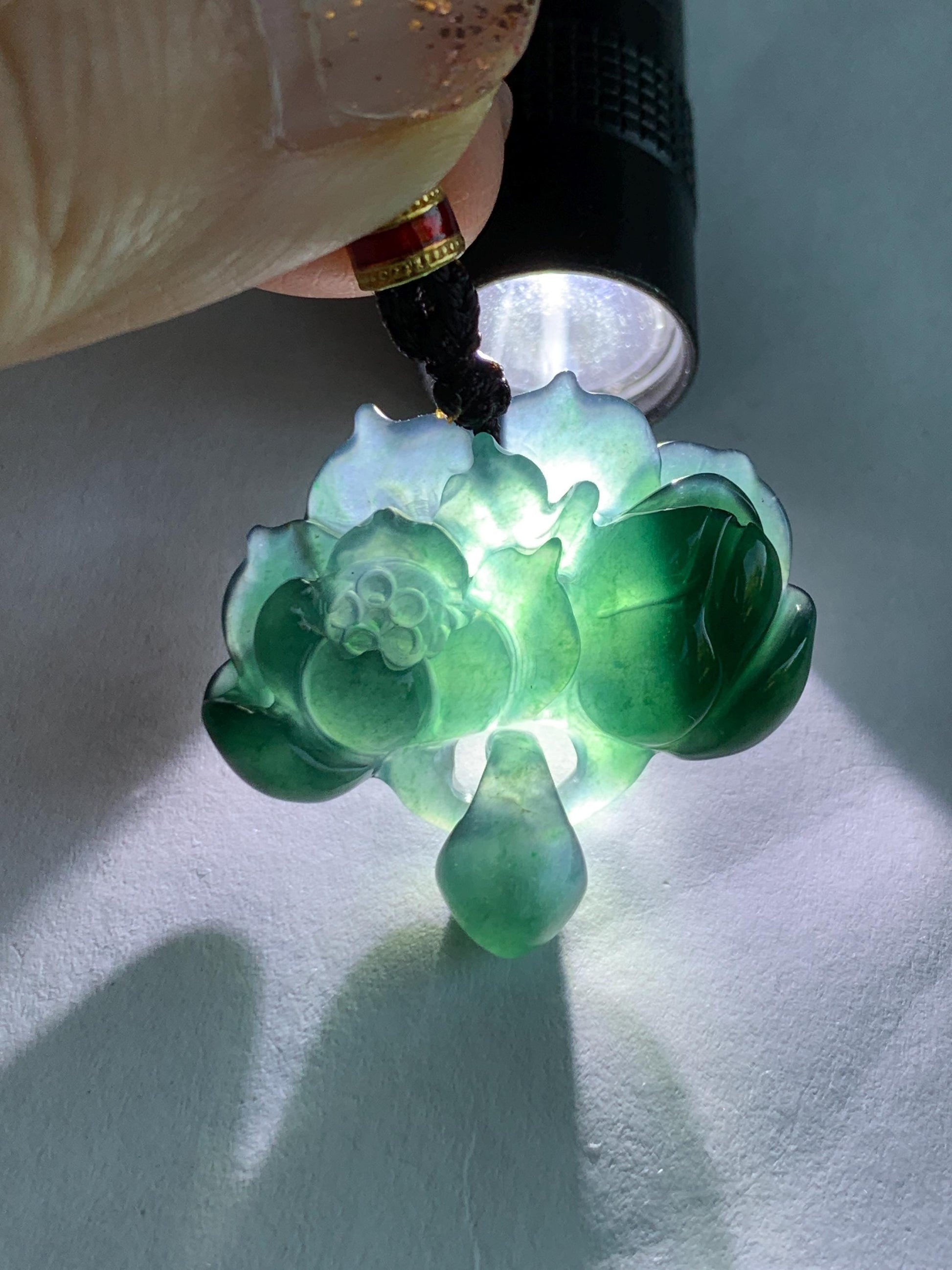 Natural Grade A Guatemalan Icy Translucent Dark Teal Green Jade Jadeite Lotus Flower Pendant Rope Necklace 26” 天然冰胶危深蓝绿翡翠莲花吊坠 WLH316A