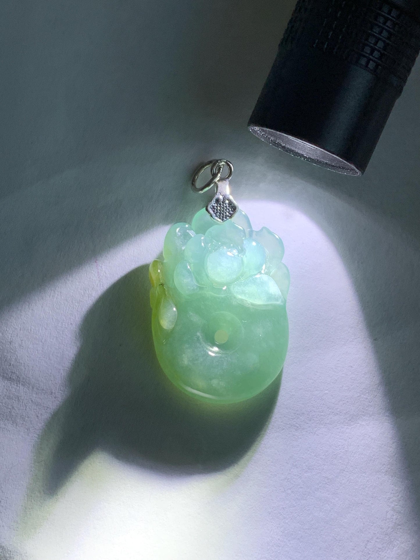 Natural Grade A Guatemalan Icy Translucent Light Blue Jadeite Lotus Flower Ping An Kou Donut Pendant Sterling Silver 天然冰危蓝翡翠莲花平安扣吊坠 WLH316B