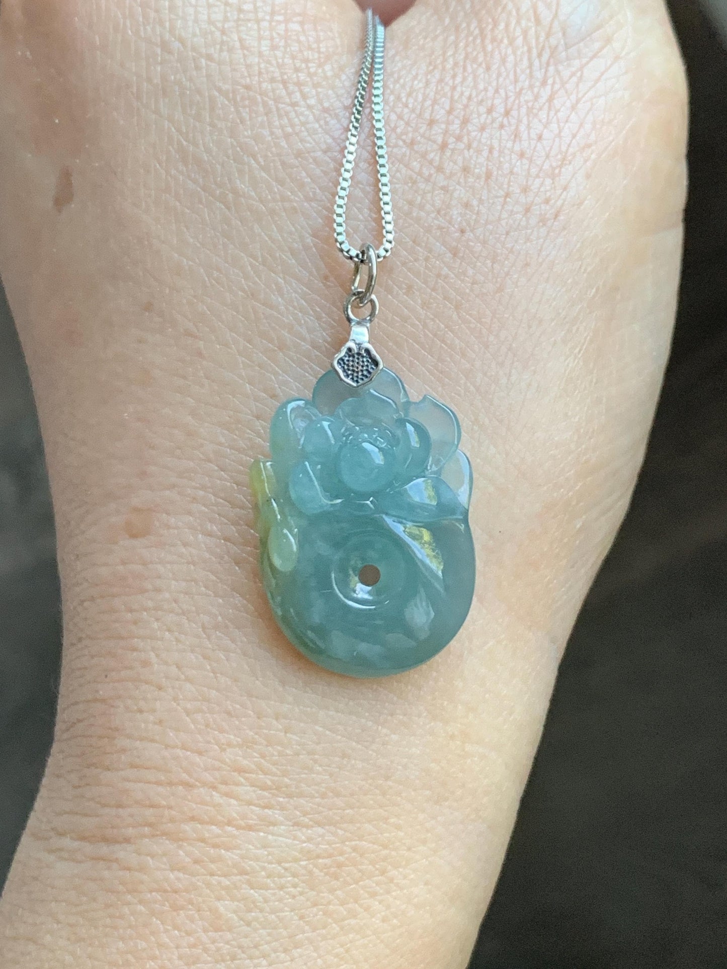 Natural Grade A Guatemalan Icy Translucent Light Blue Jadeite Lotus Flower Ping An Kou Donut Pendant Sterling Silver 天然冰危蓝翡翠莲花平安扣吊坠 WLH316B