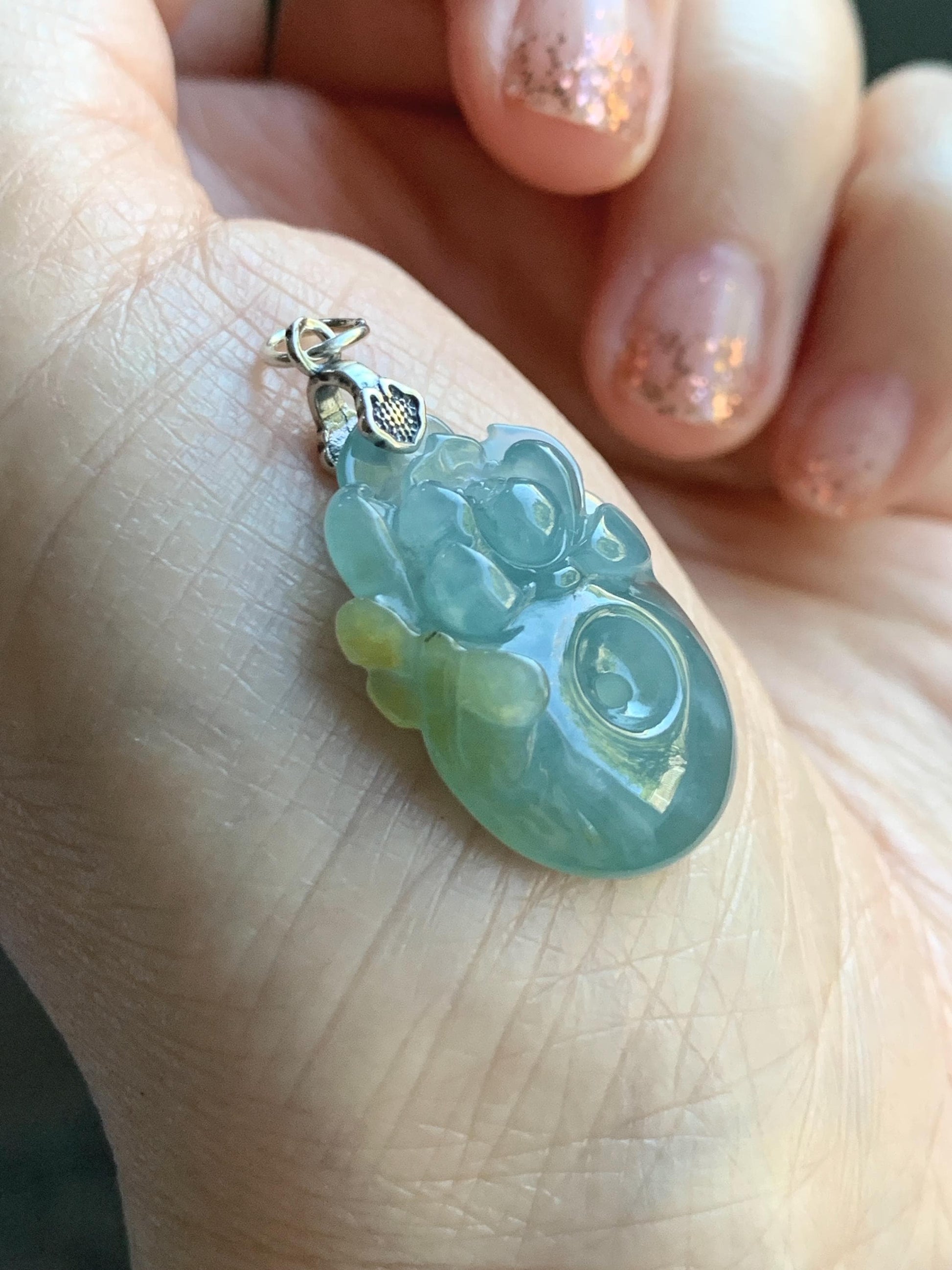 Natural Grade A Guatemalan Icy Translucent Light Blue Jadeite Lotus Flower Ping An Kou Donut Pendant Sterling Silver 天然冰危蓝翡翠莲花平安扣吊坠 WLH316B