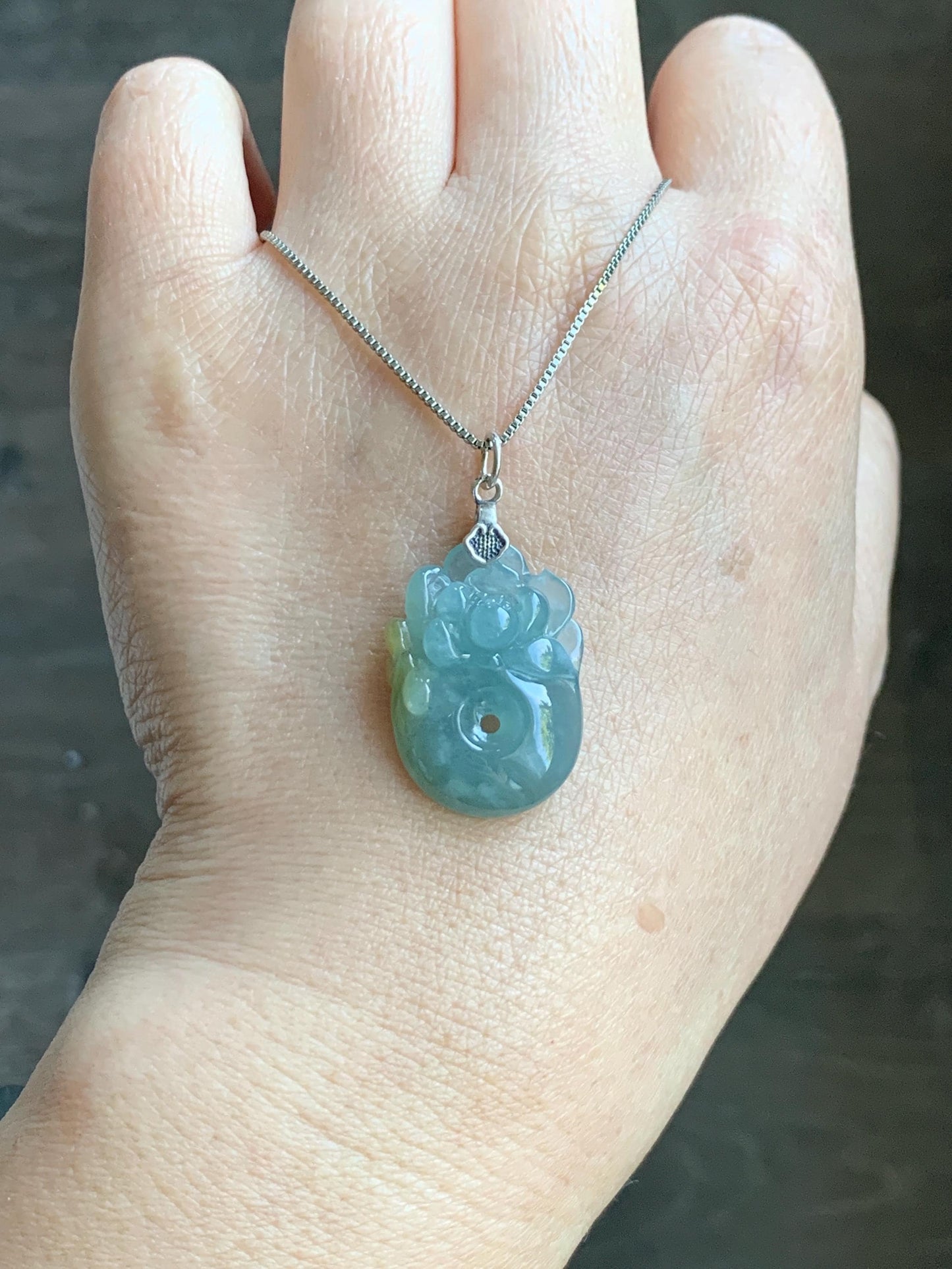 Natural Grade A Guatemalan Icy Translucent Light Blue Jadeite Lotus Flower Ping An Kou Donut Pendant Sterling Silver 天然冰危蓝翡翠莲花平安扣吊坠 WLH316B
