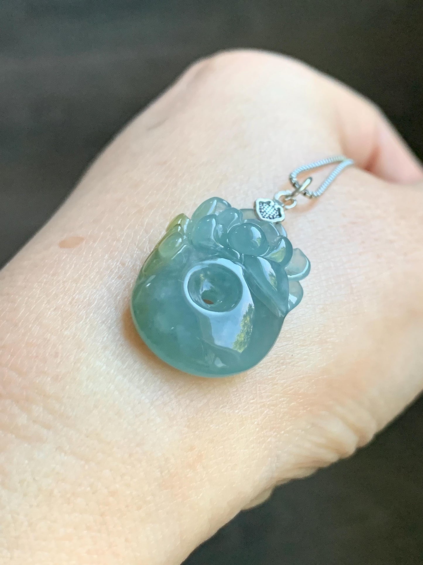 Natural Grade A Guatemalan Icy Translucent Light Blue Jadeite Lotus Flower Ping An Kou Donut Pendant Sterling Silver 天然冰危蓝翡翠莲花平安扣吊坠 WLH316B