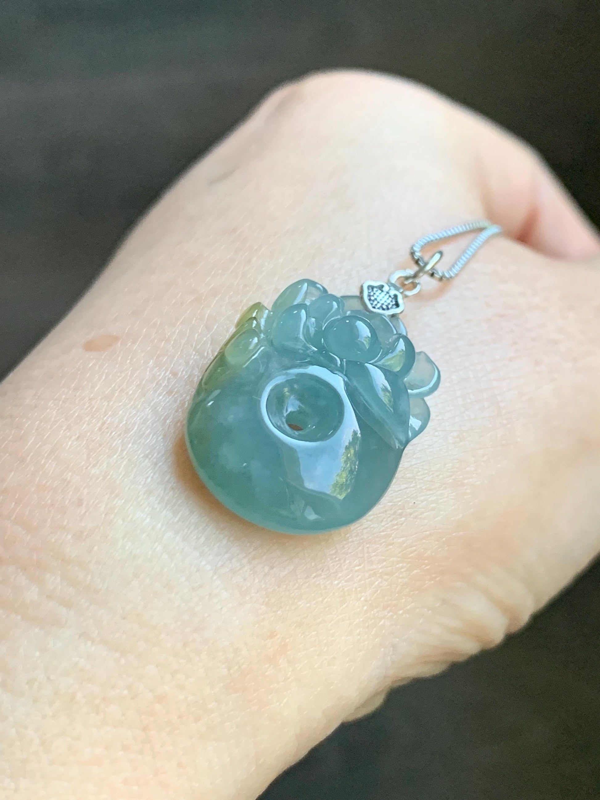 Natural Grade A Guatemalan Icy Translucent Light Blue Jadeite Lotus Flower Ping An Kou Donut Pendant Sterling Silver 天然冰危蓝翡翠莲花平安扣吊坠 WLH316B