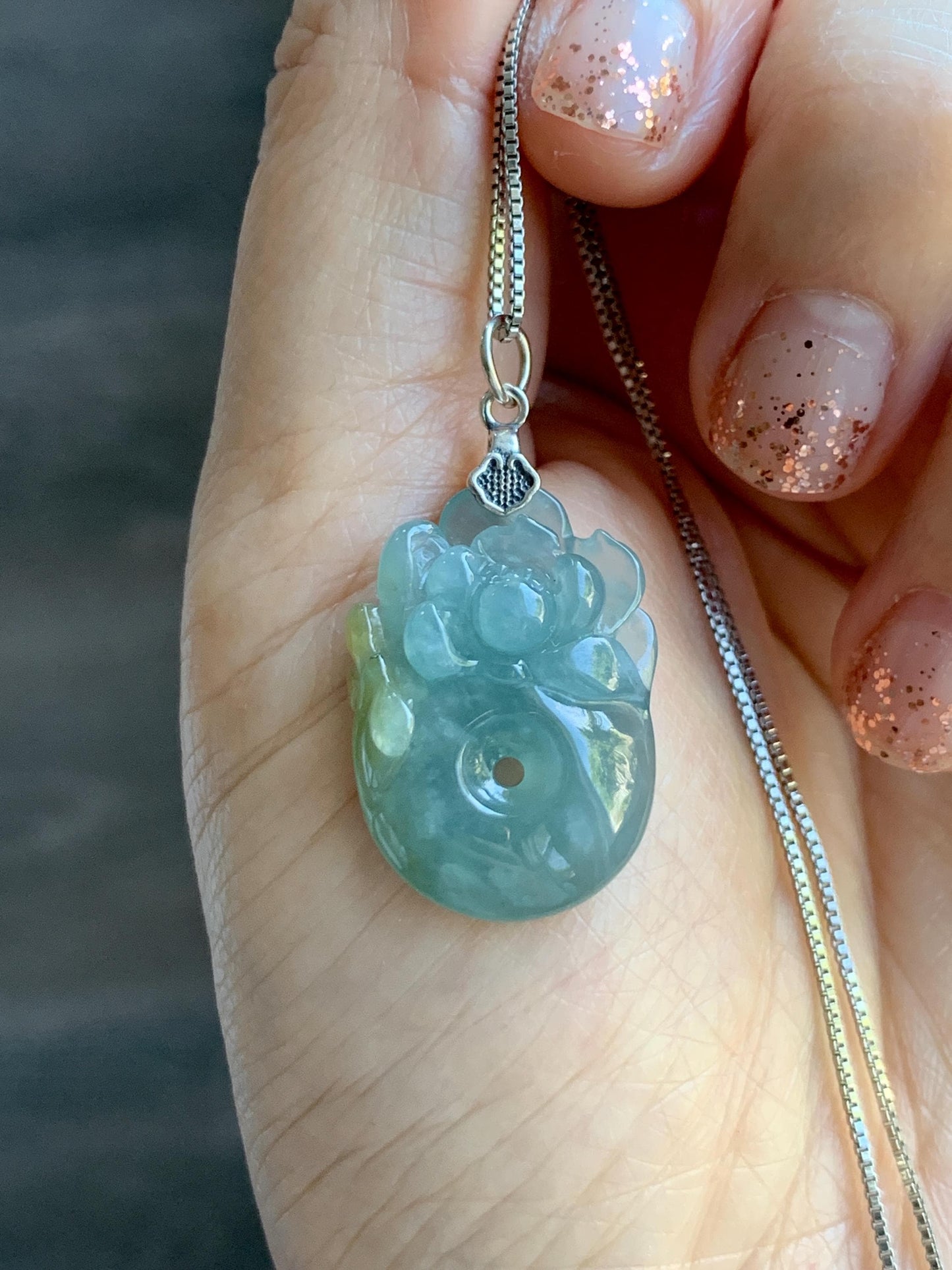 Natural Grade A Guatemalan Icy Translucent Light Blue Jadeite Lotus Flower Ping An Kou Donut Pendant Sterling Silver 天然冰危蓝翡翠莲花平安扣吊坠 WLH316B