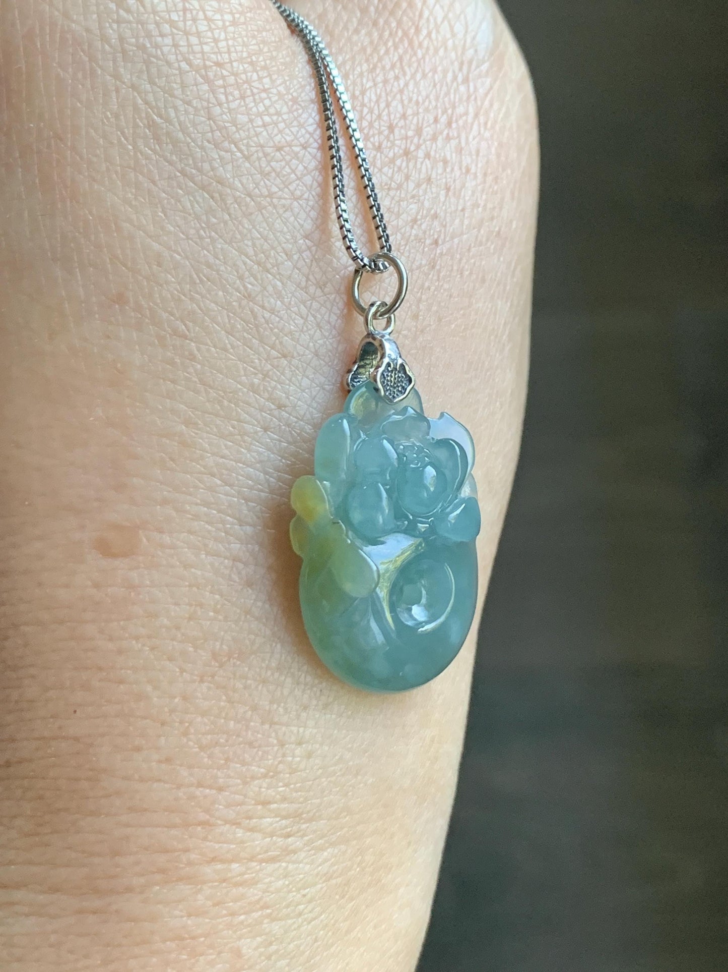Natural Grade A Guatemalan Icy Translucent Light Blue Jadeite Lotus Flower Ping An Kou Donut Pendant Sterling Silver 天然冰危蓝翡翠莲花平安扣吊坠 WLH316B