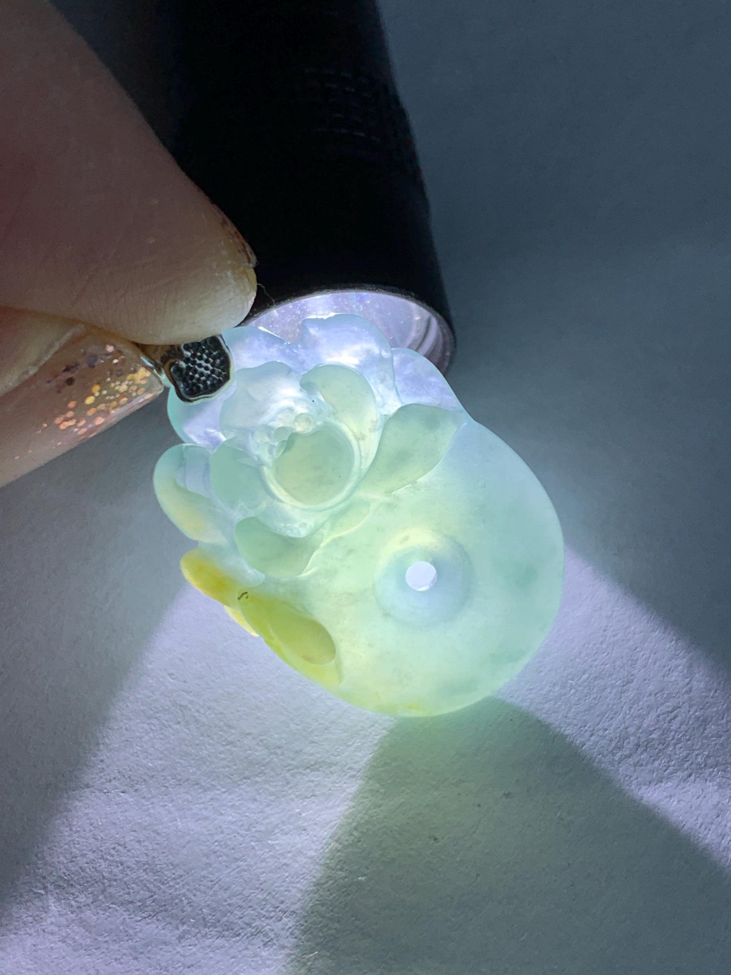 Natural Grade A Guatemalan Icy Translucent Light Blue Jadeite Lotus Flower Ping An Kou Donut Pendant Sterling Silver 天然冰危蓝翡翠莲花平安扣吊坠 WLH316B