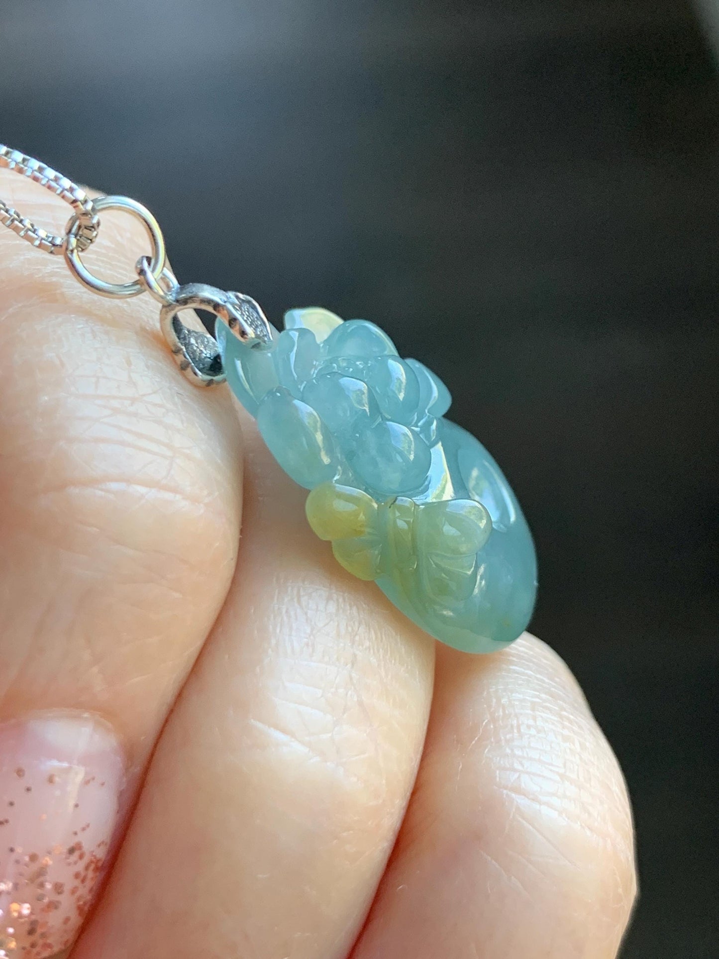 Natural Grade A Guatemalan Icy Translucent Light Blue Jadeite Lotus Flower Ping An Kou Donut Pendant Sterling Silver 天然冰危蓝翡翠莲花平安扣吊坠 WLH316B