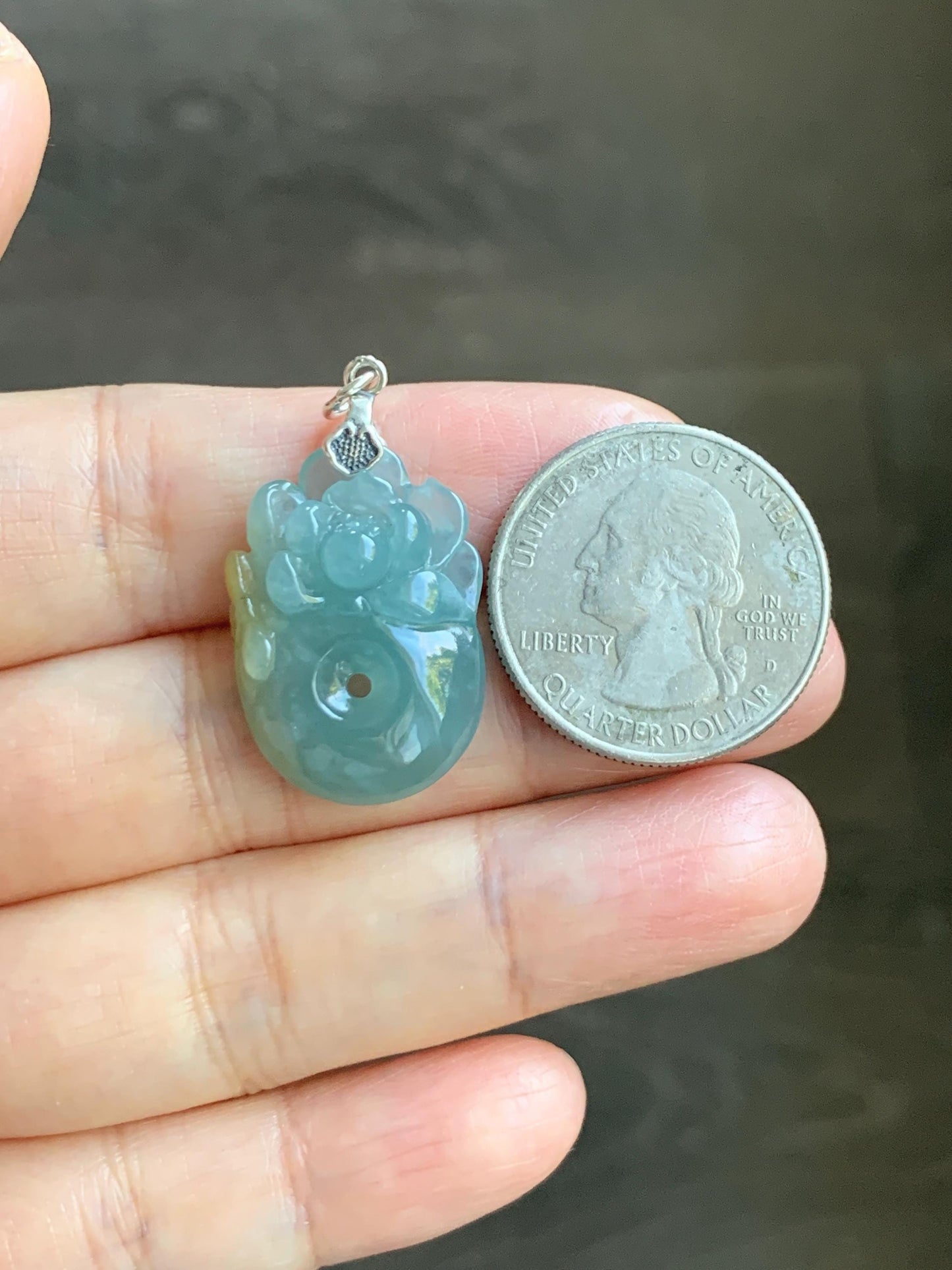 Natural Grade A Guatemalan Icy Translucent Light Blue Jadeite Lotus Flower Ping An Kou Donut Pendant Sterling Silver 天然冰危蓝翡翠莲花平安扣吊坠 WLH316B