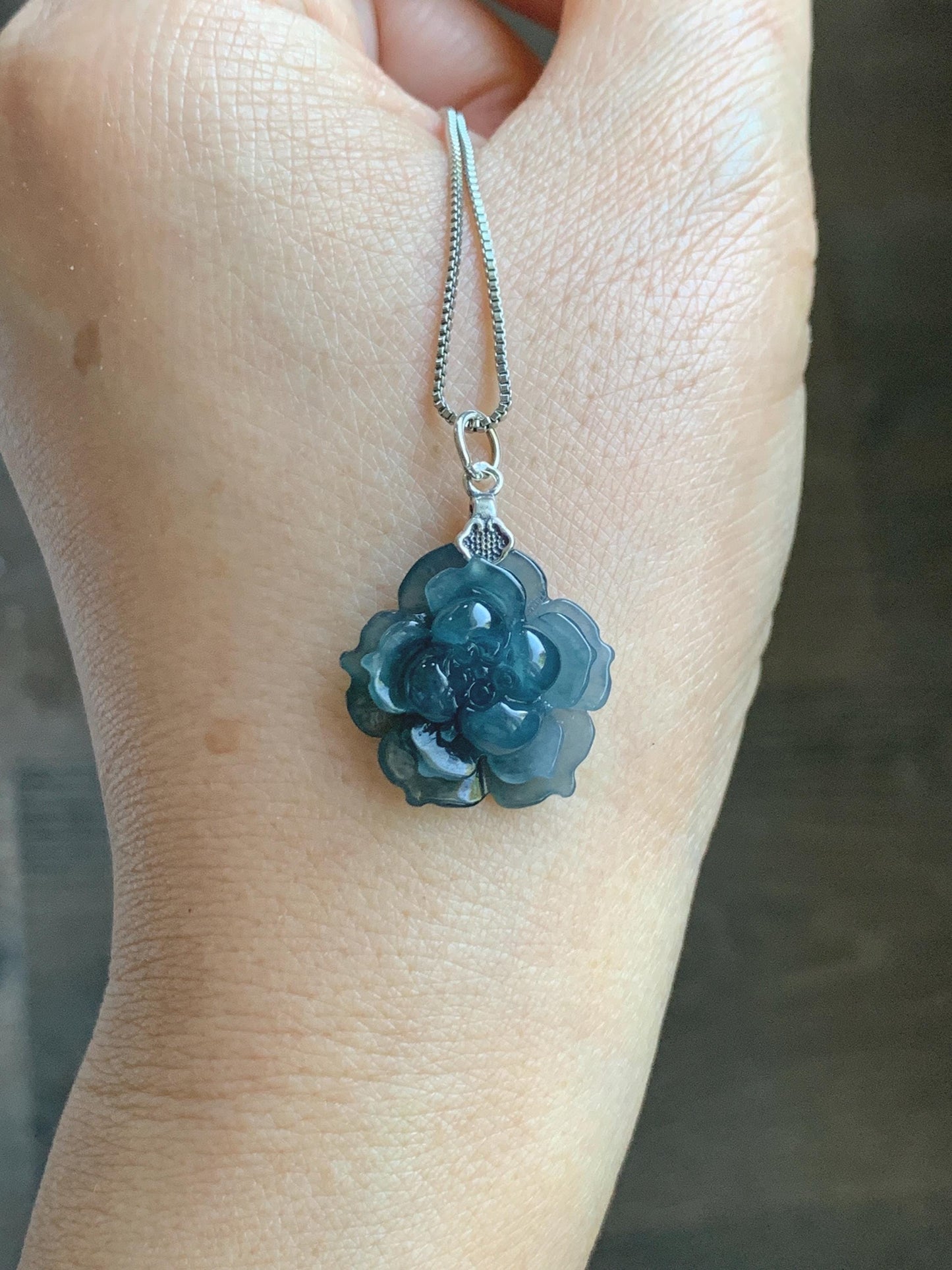 Natural Grade A Guatemalan Icy Translucent Dark Aegean Blue Jade Jadeite Lotus Flower Pendant Sterling Silver 4g 天然冰危深蓝翡翠莲花吊坠 WLH316C