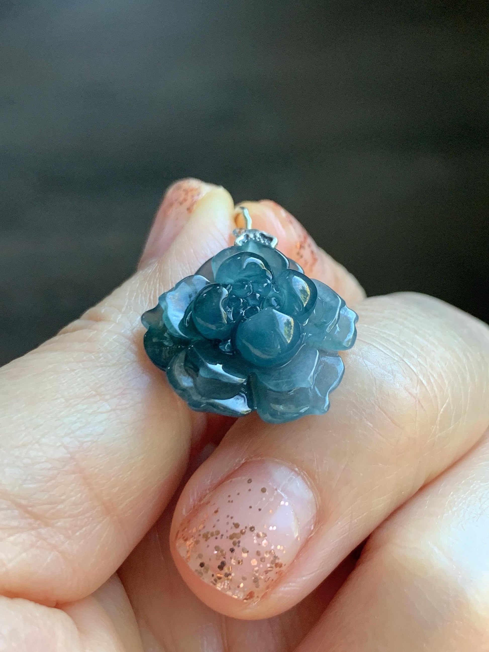 Natural Grade A Guatemalan Icy Translucent Dark Aegean Blue Jade Jadeite Lotus Flower Pendant Sterling Silver 4g 天然冰危深蓝翡翠莲花吊坠 WLH316C
