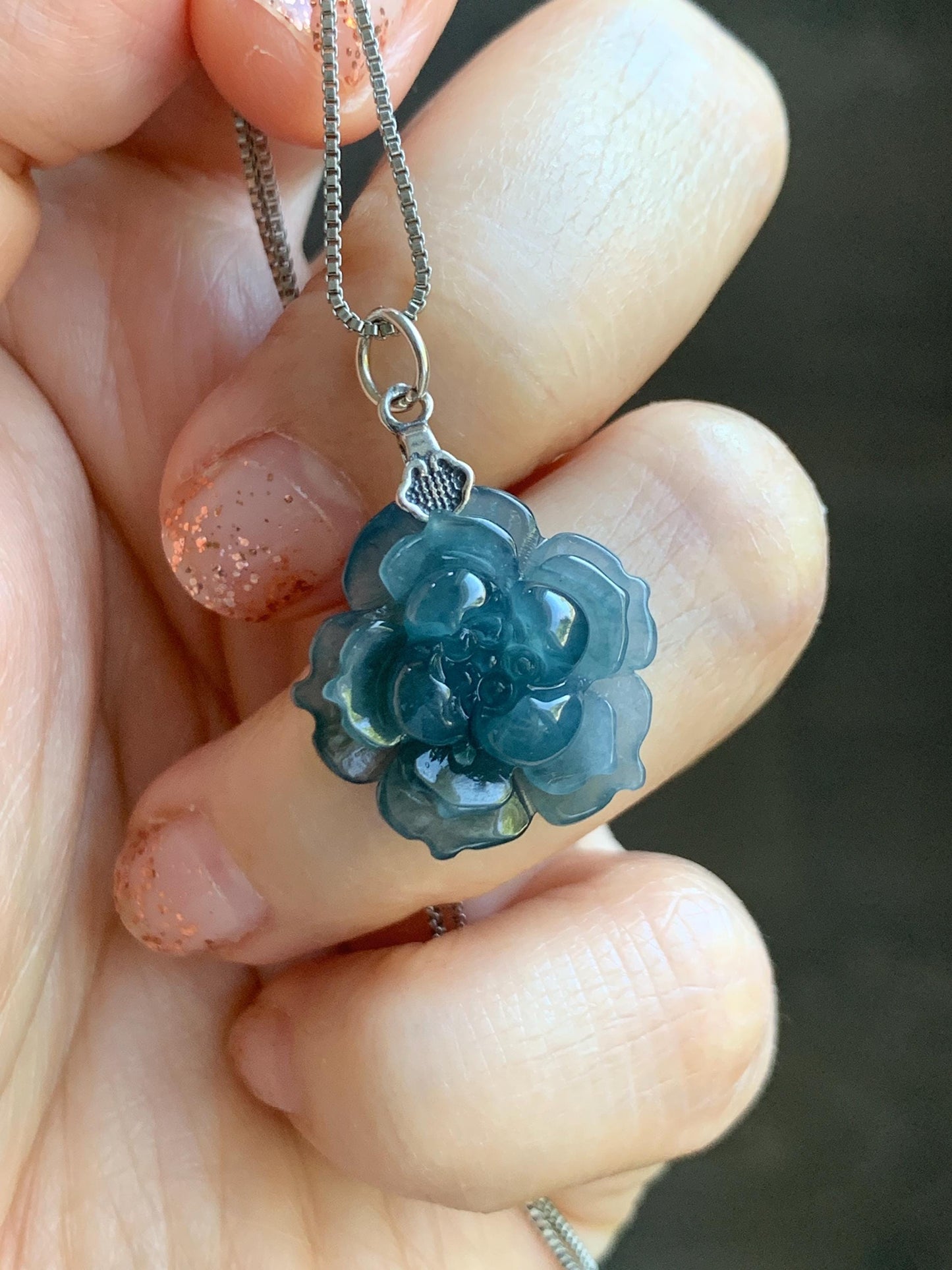 Natural Grade A Guatemalan Icy Translucent Dark Aegean Blue Jade Jadeite Lotus Flower Pendant Sterling Silver 4g 天然冰危深蓝翡翠莲花吊坠 WLH316C