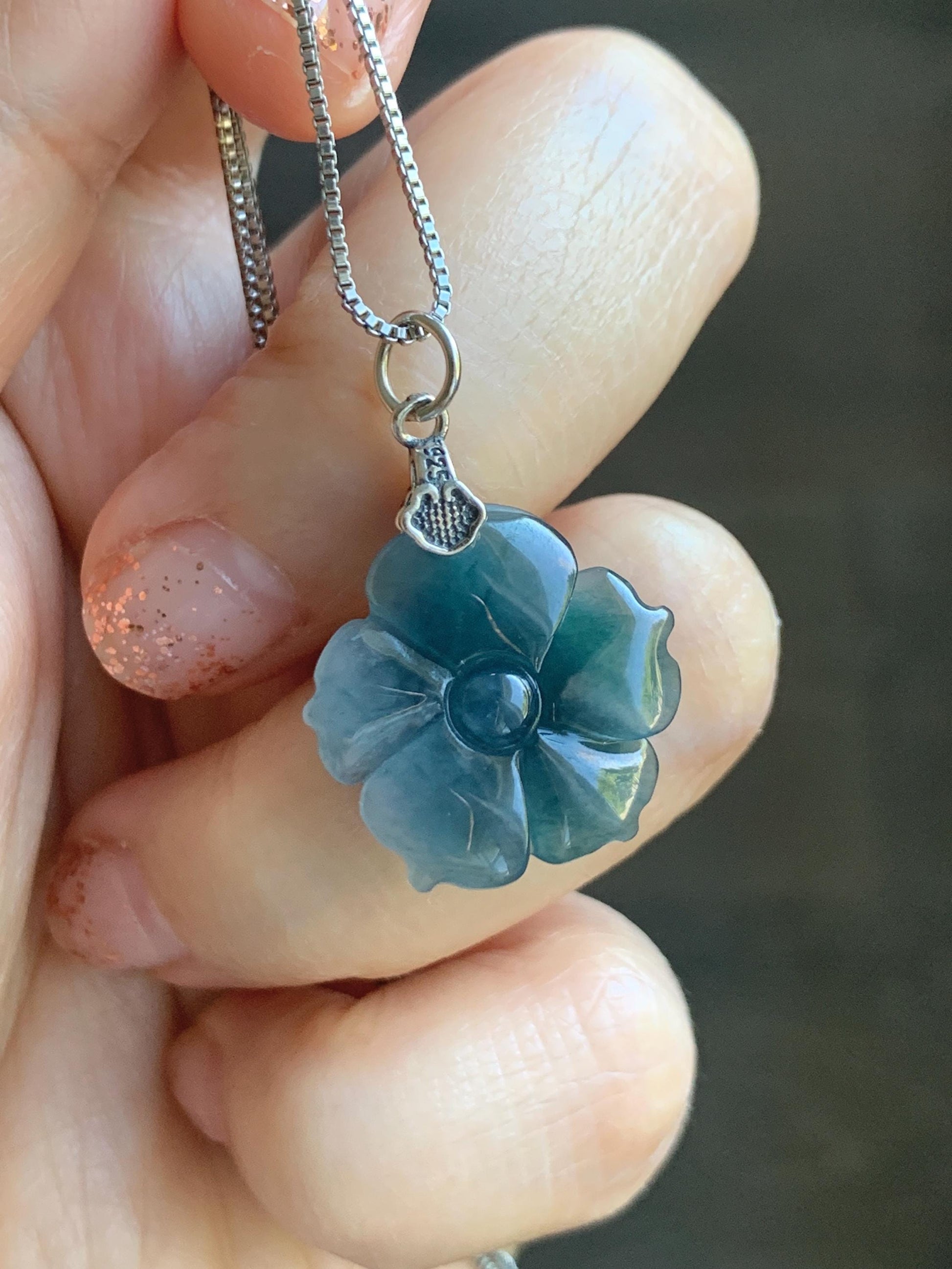 Natural Grade A Guatemalan Icy Translucent Dark Aegean Blue Jade Jadeite Lotus Flower Pendant Sterling Silver 4g 天然冰危深蓝翡翠莲花吊坠 WLH316C