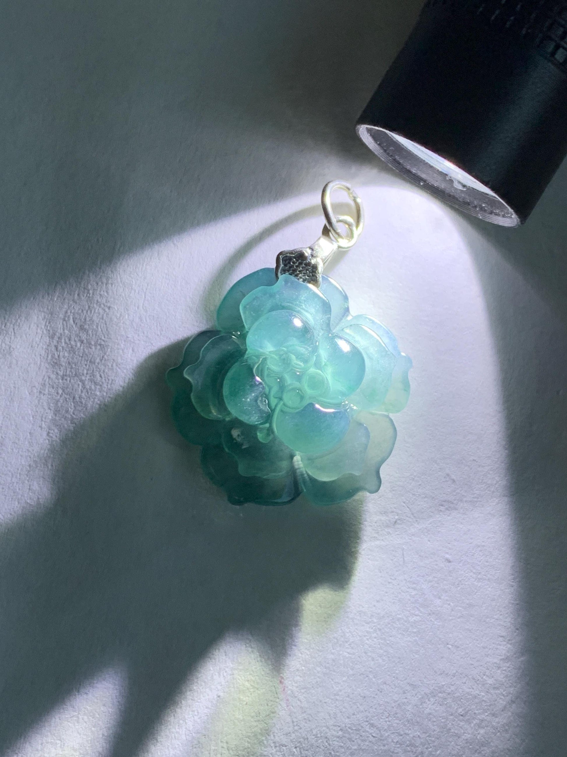 Natural Grade A Guatemalan Icy Translucent Dark Aegean Blue Jade Jadeite Lotus Flower Pendant Sterling Silver 4g 天然冰危深蓝翡翠莲花吊坠 WLH316C