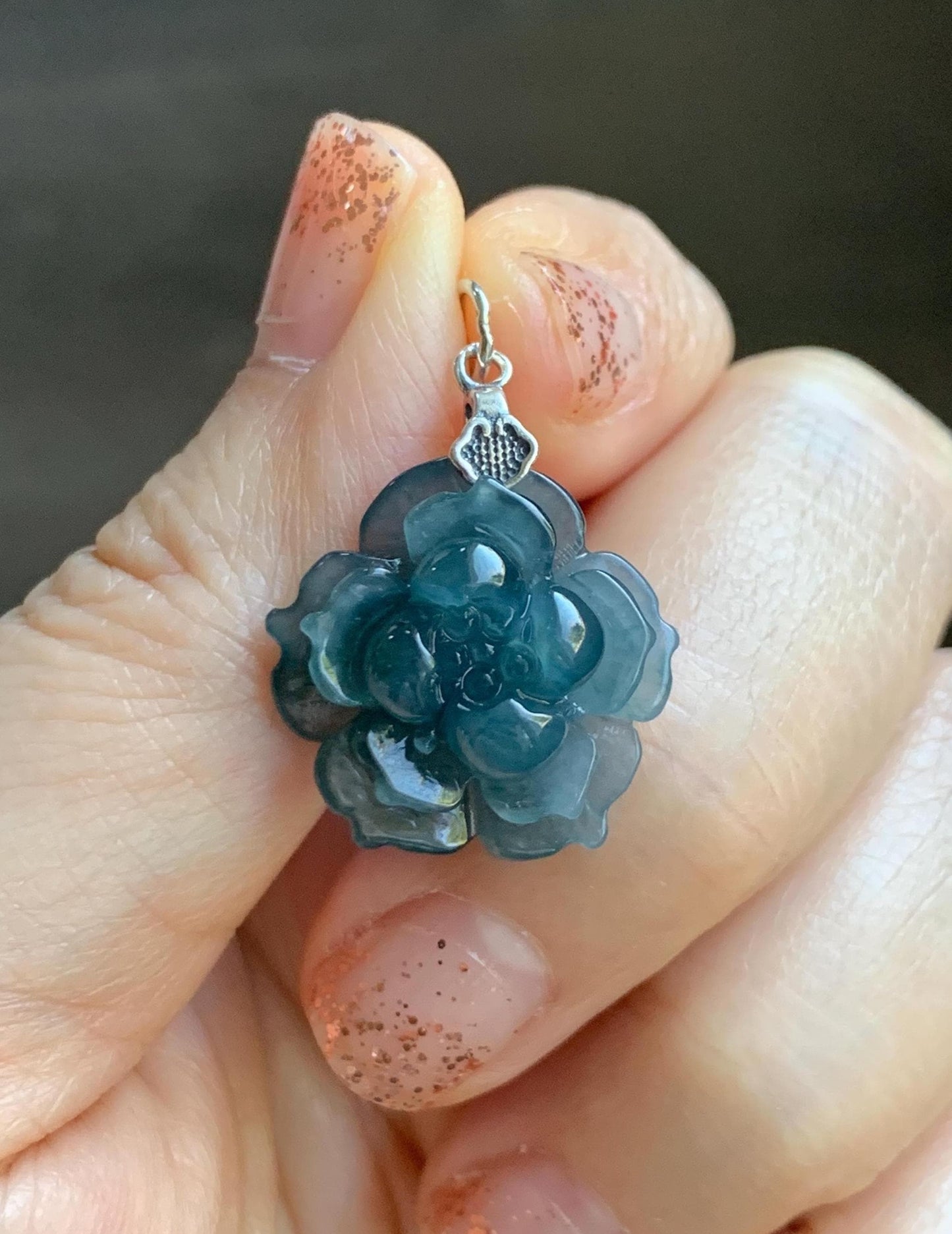 Natural Grade A Guatemalan Icy Translucent Dark Aegean Blue Jade Jadeite Lotus Flower Pendant Sterling Silver 4g 天然冰危深蓝翡翠莲花吊坠 WLH316C
