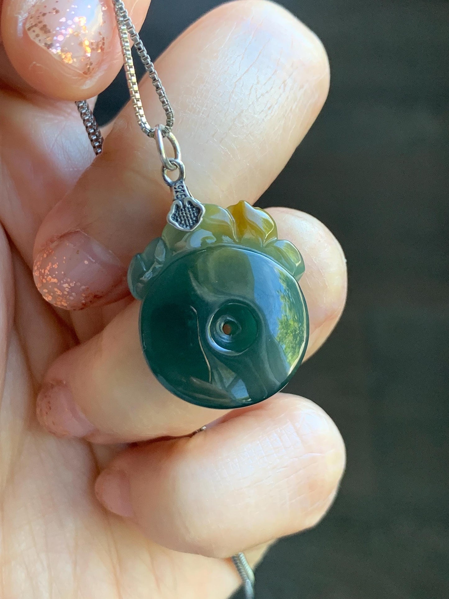 Natural Grade A Guatemalan Icy Translucent Teal Green Jadeite Lotus Flower Ping An Kou Donut Pendant Sterling Silver 天然冰危蓝翡翠莲花平安扣吊坠 WSL385A