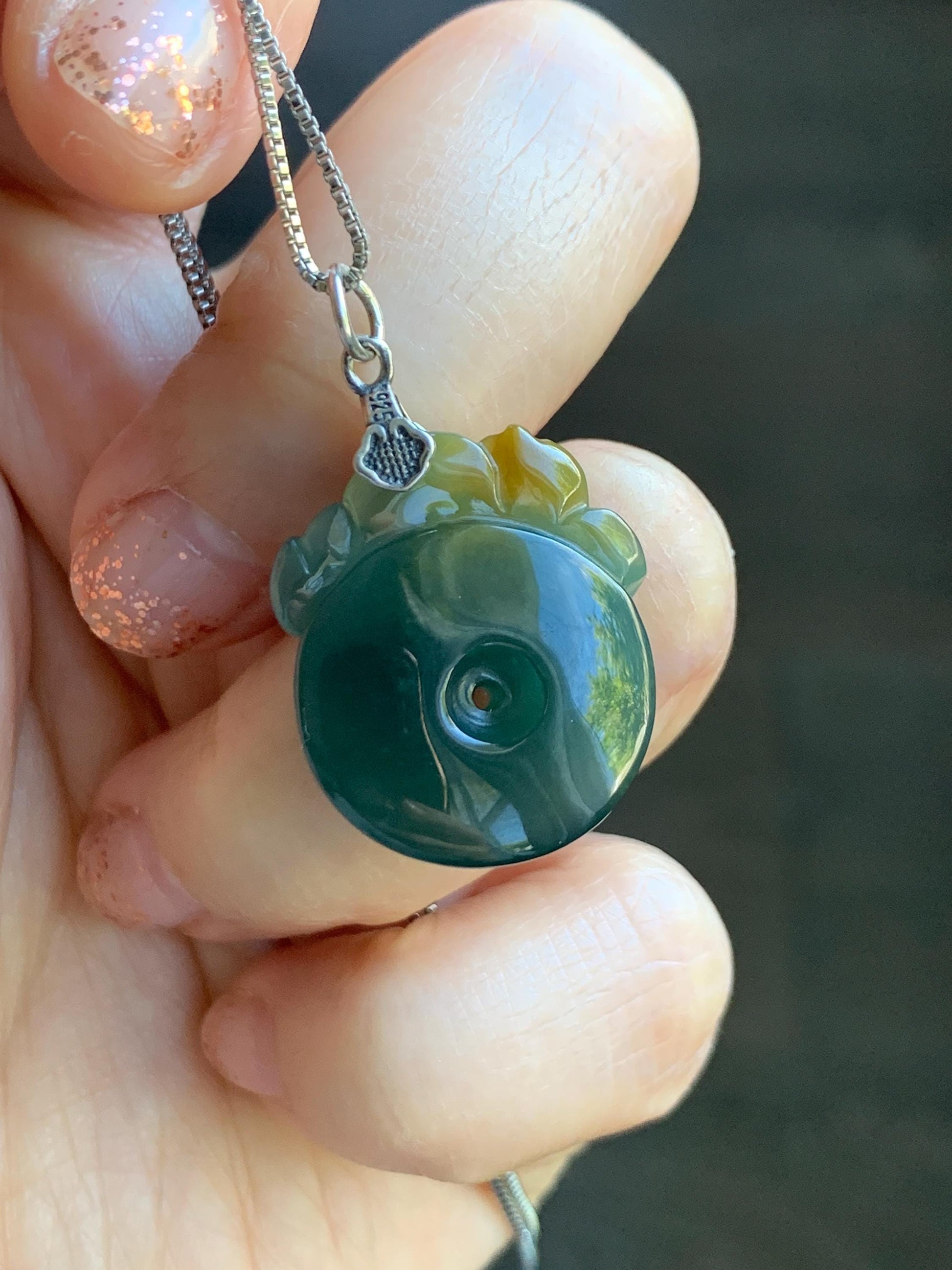 Natural Grade A Guatemalan Icy Translucent Teal Green Jadeite Lotus Flower Ping An Kou Donut Pendant Sterling Silver 天然冰危蓝翡翠莲花平安扣吊坠 WSL385A