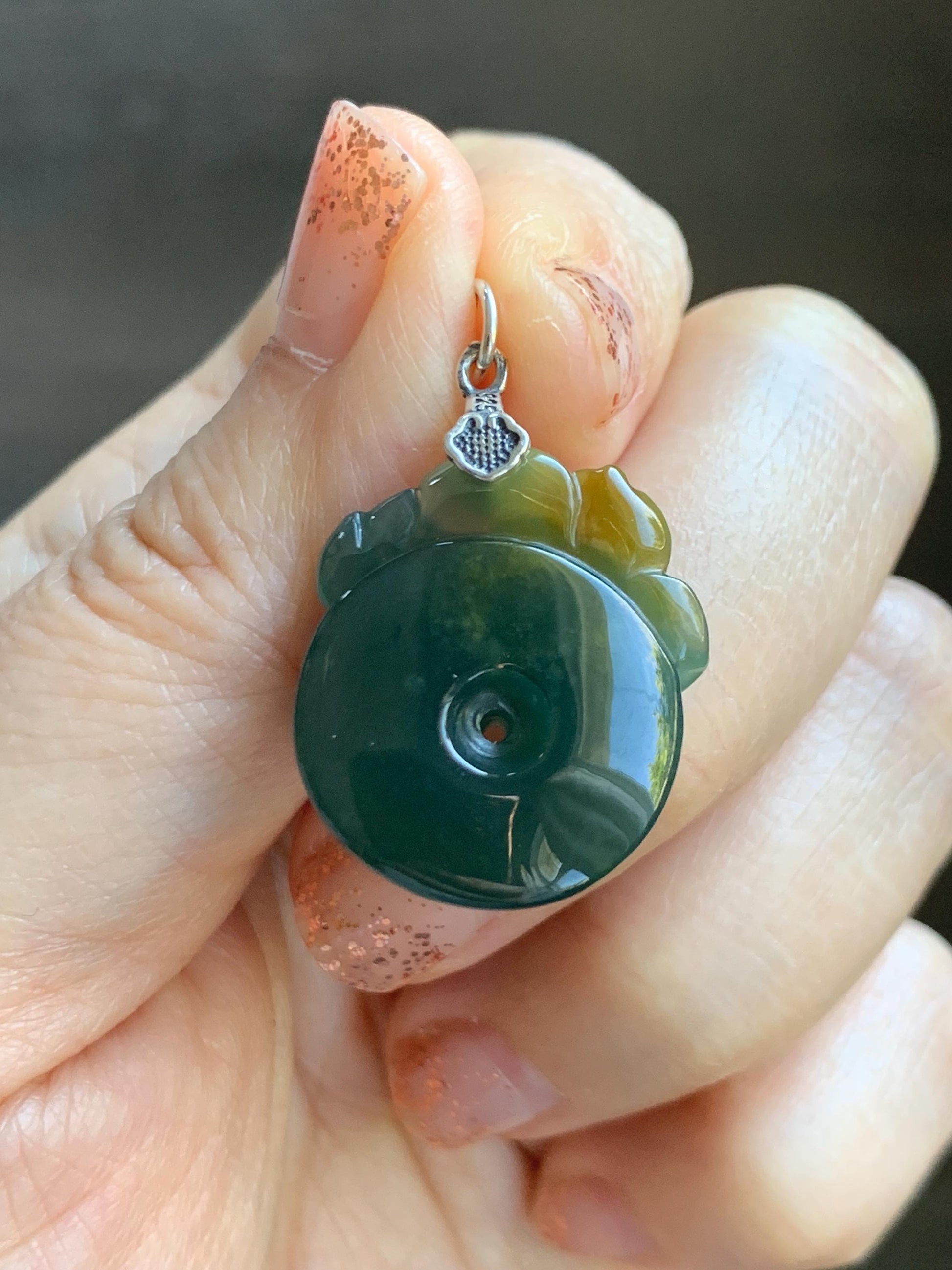 Natural Grade A Guatemalan Icy Translucent Teal Green Jadeite Lotus Flower Ping An Kou Donut Pendant Sterling Silver 天然冰危蓝翡翠莲花平安扣吊坠 WSL385A