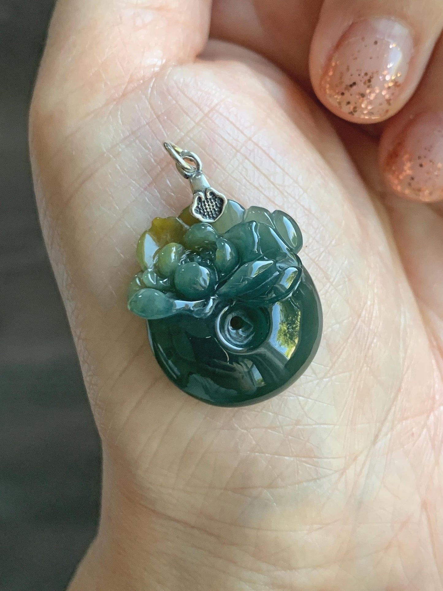 Natural Grade A Guatemalan Icy Translucent Teal Green Jadeite Lotus Flower Ping An Kou Donut Pendant Sterling Silver 天然冰危蓝翡翠莲花平安扣吊坠 WSL385A