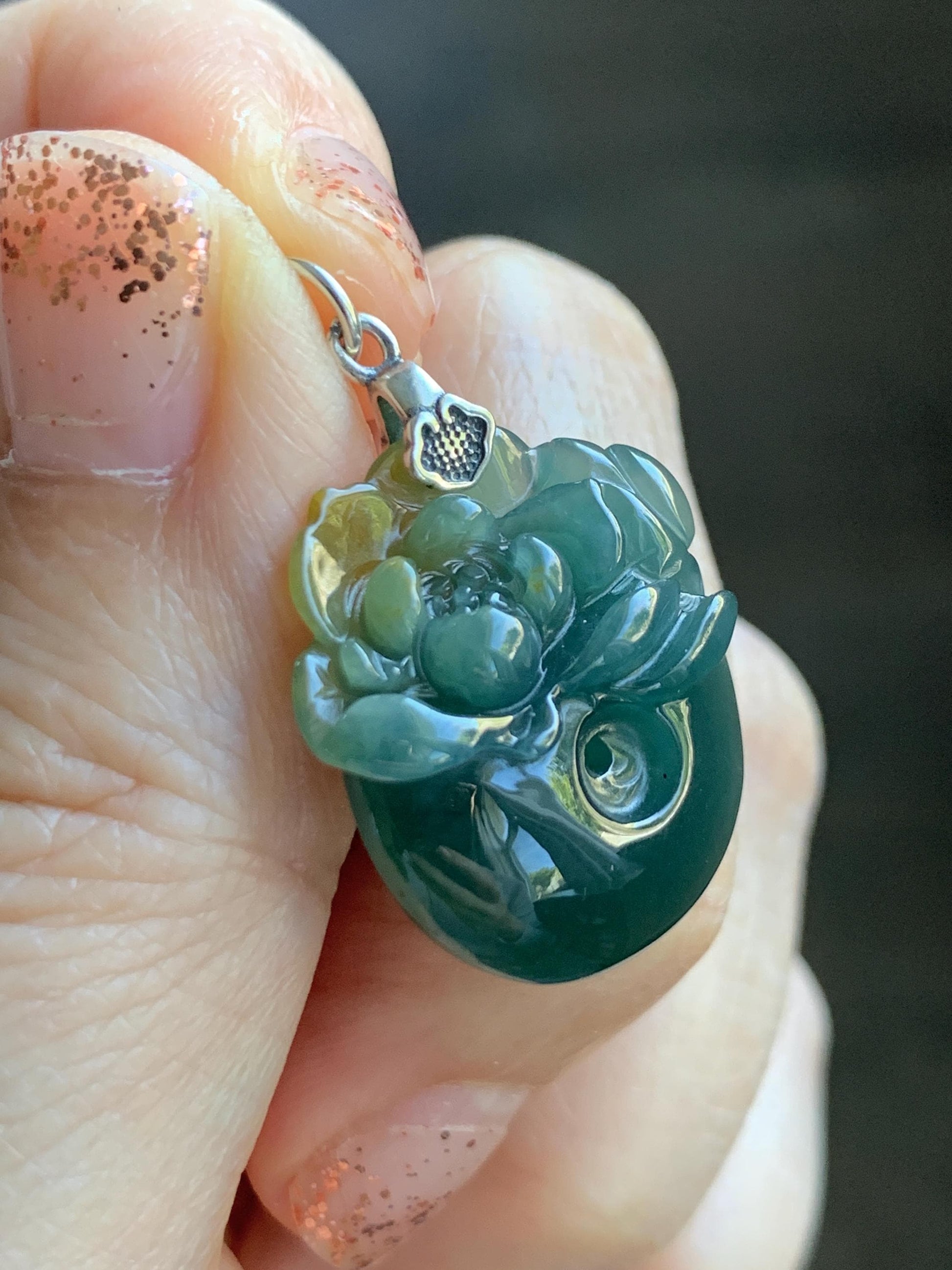 Natural Grade A Guatemalan Icy Translucent Teal Green Jadeite Lotus Flower Ping An Kou Donut Pendant Sterling Silver 天然冰危蓝翡翠莲花平安扣吊坠 WSL385A