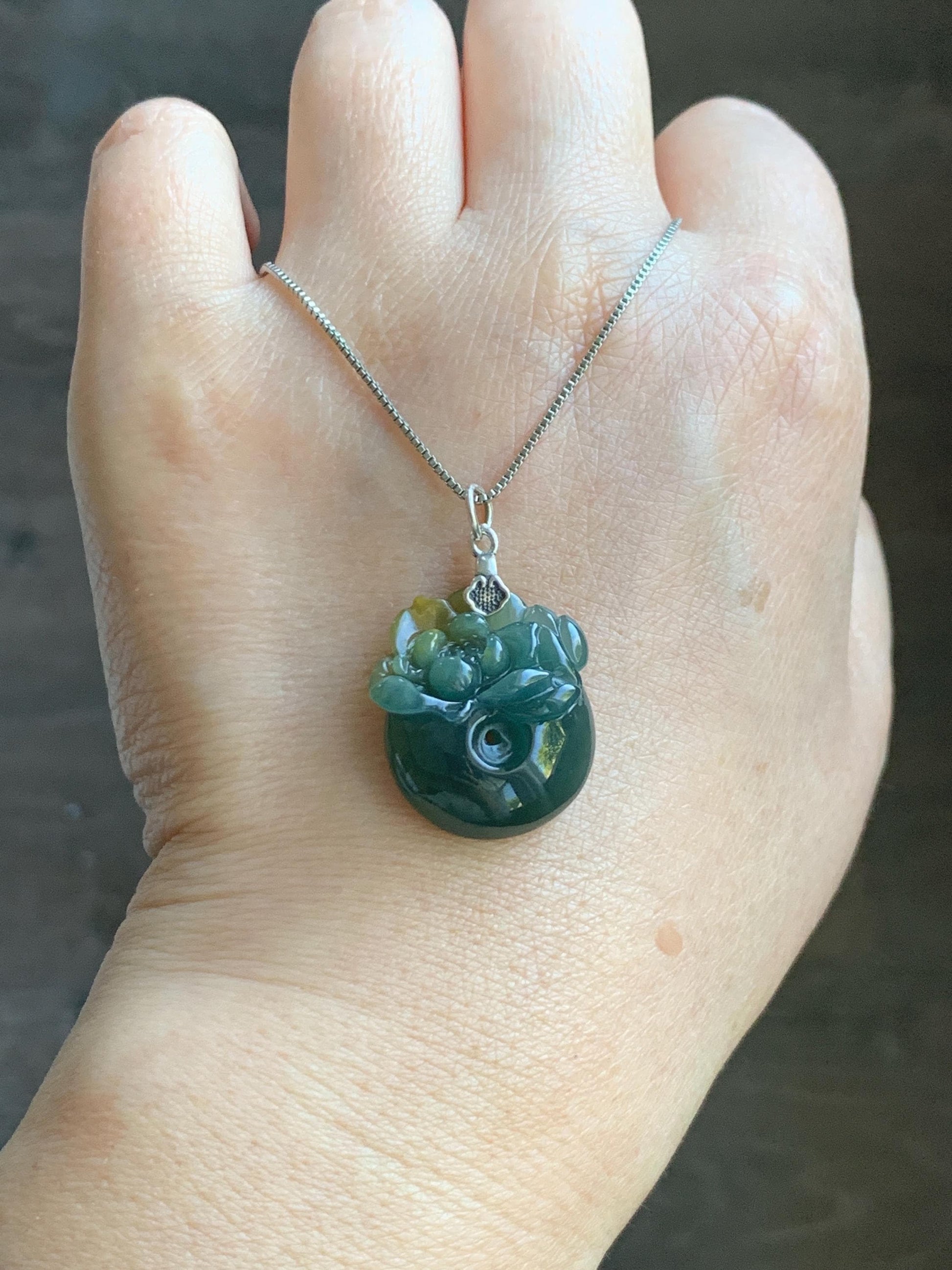 Natural Grade A Guatemalan Icy Translucent Teal Green Jadeite Lotus Flower Ping An Kou Donut Pendant Sterling Silver 天然冰危蓝翡翠莲花平安扣吊坠 WSL385A
