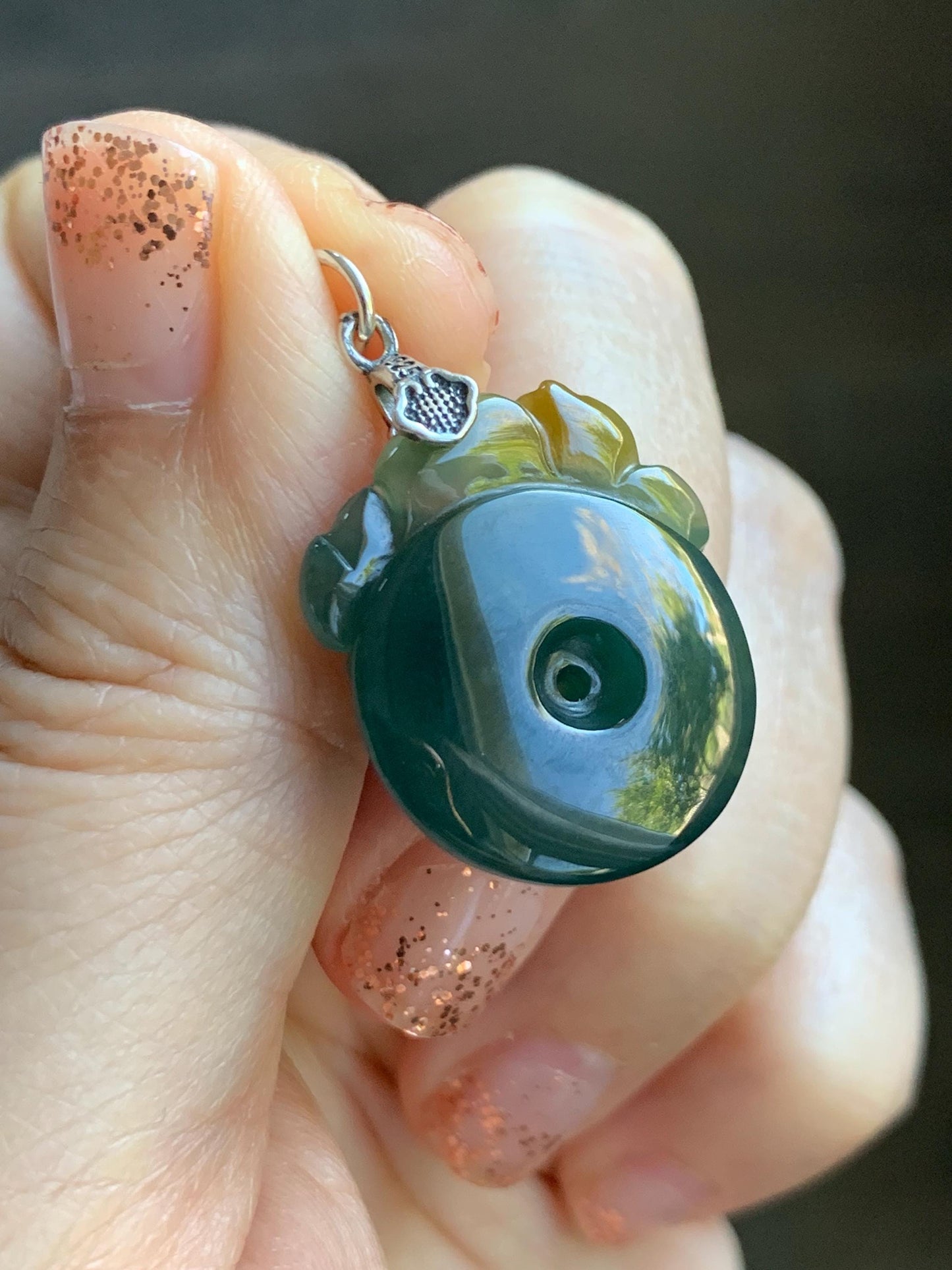 Natural Grade A Guatemalan Icy Translucent Teal Green Jadeite Lotus Flower Ping An Kou Donut Pendant Sterling Silver 天然冰危蓝翡翠莲花平安扣吊坠 WSL385A