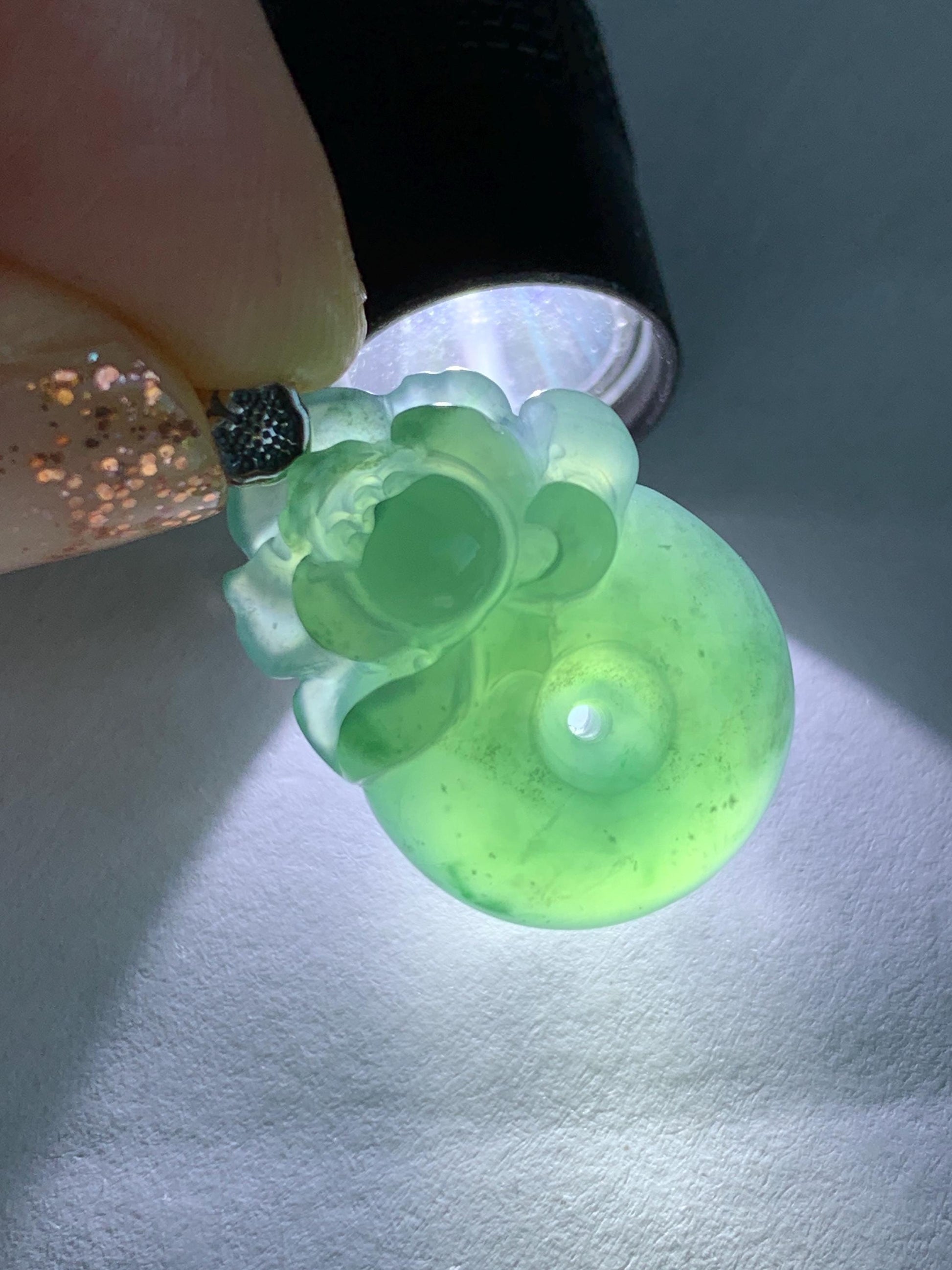 Natural Grade A Guatemalan Icy Translucent Teal Blue Jadeite Lotus Flower Ping An Kou Donut Pendant Sterling Silver 天然冰危蓝翡翠莲花平安扣吊坠 WSL385B