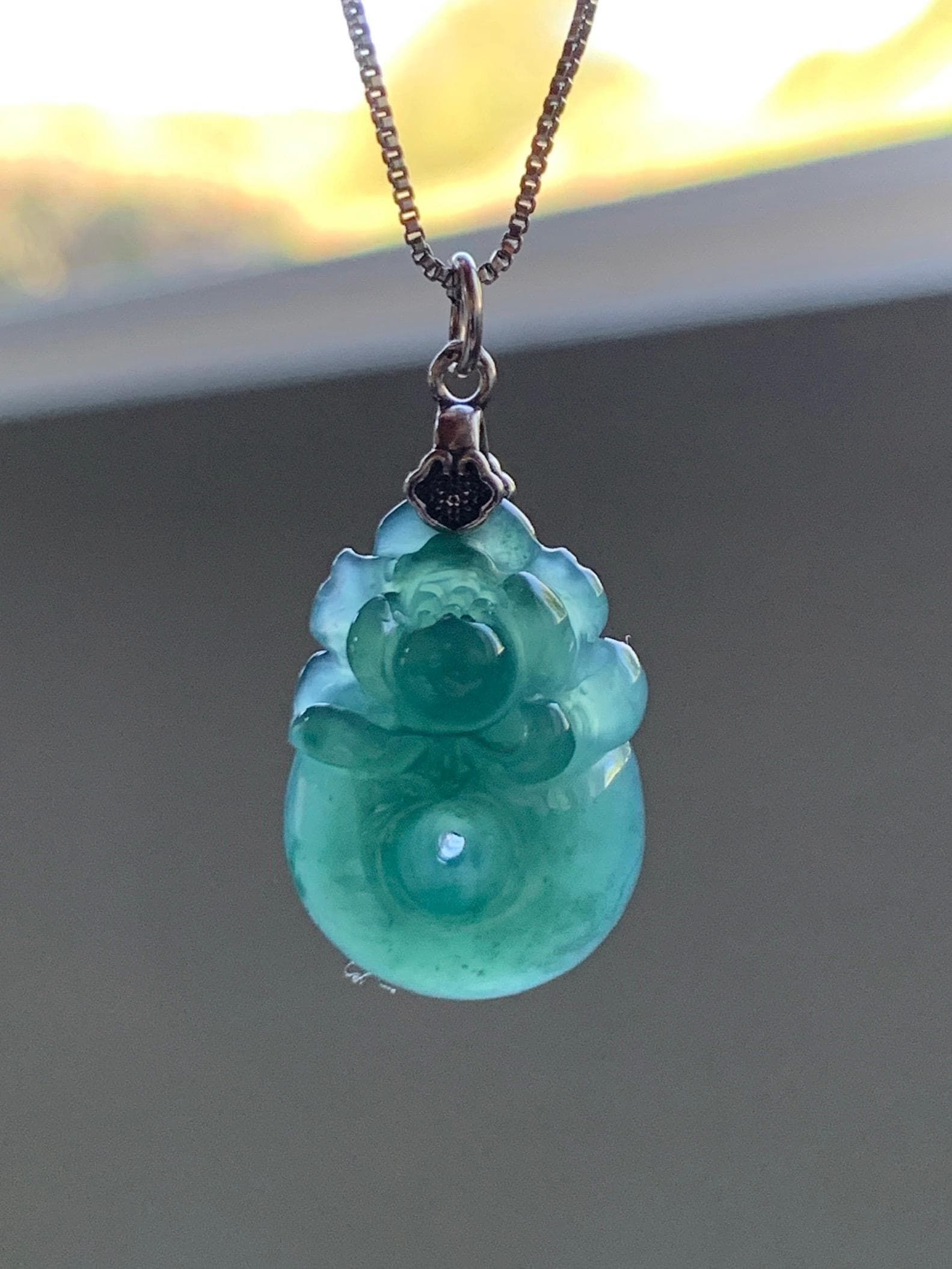 Natural Grade A Guatemalan Icy Translucent Teal Blue Jadeite Lotus Flower Ping An Kou Donut Pendant Sterling Silver 天然冰危蓝翡翠莲花平安扣吊坠 WSL385B