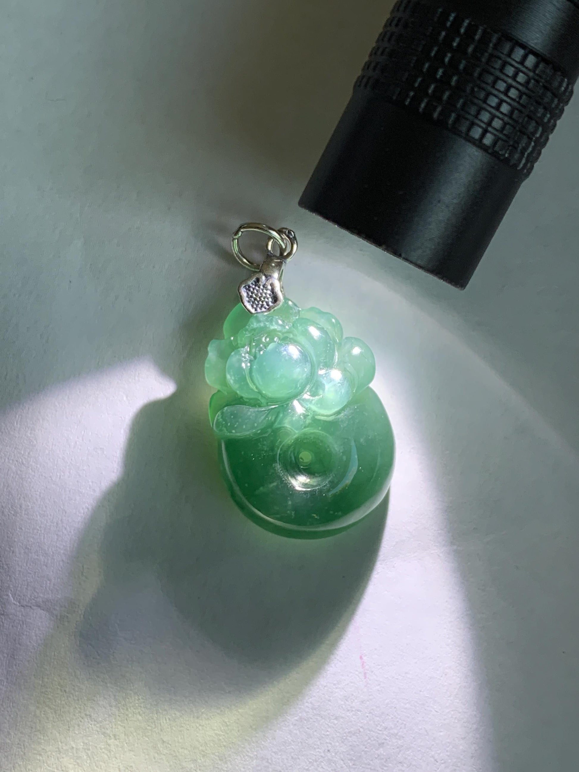 Natural Grade A Guatemalan Icy Translucent Teal Blue Jadeite Lotus Flower Ping An Kou Donut Pendant Sterling Silver 天然冰危蓝翡翠莲花平安扣吊坠 WSL385B