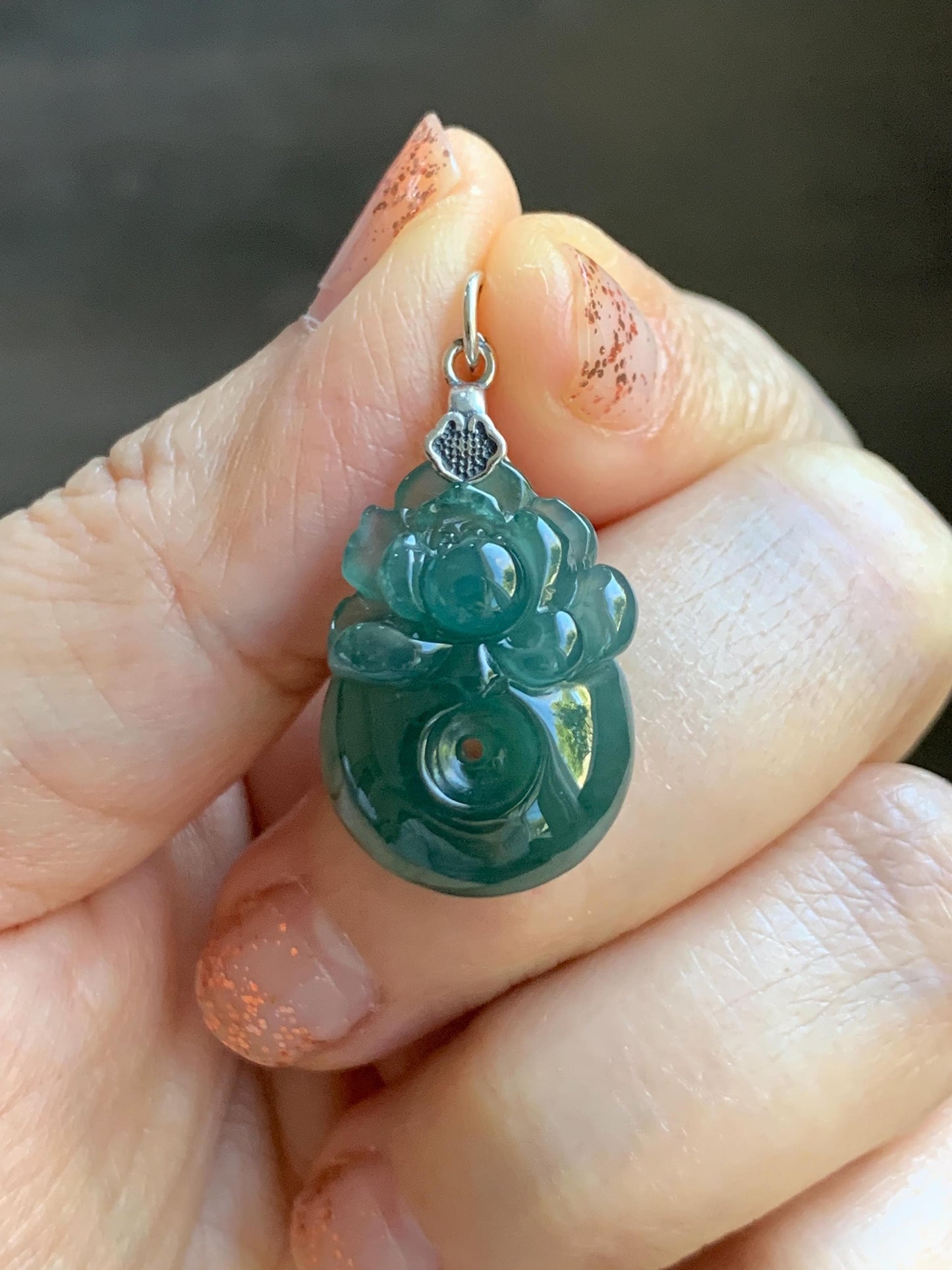 Natural Grade A Guatemalan Icy Translucent Teal Blue Jadeite Lotus Flower Ping An Kou Donut Pendant Sterling Silver 天然冰危蓝翡翠莲花平安扣吊坠 WSL385B