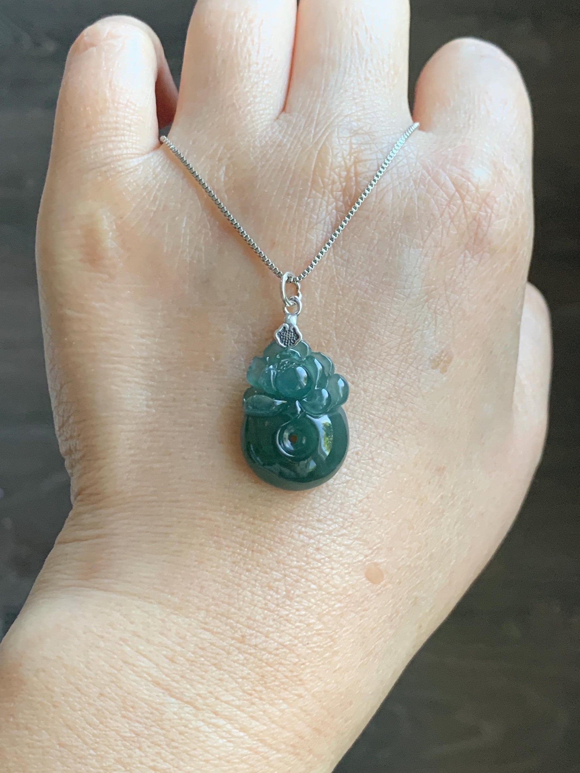 Natural Grade A Guatemalan Icy Translucent Teal Blue Jadeite Lotus Flower Ping An Kou Donut Pendant Sterling Silver 天然冰危蓝翡翠莲花平安扣吊坠 WSL385B