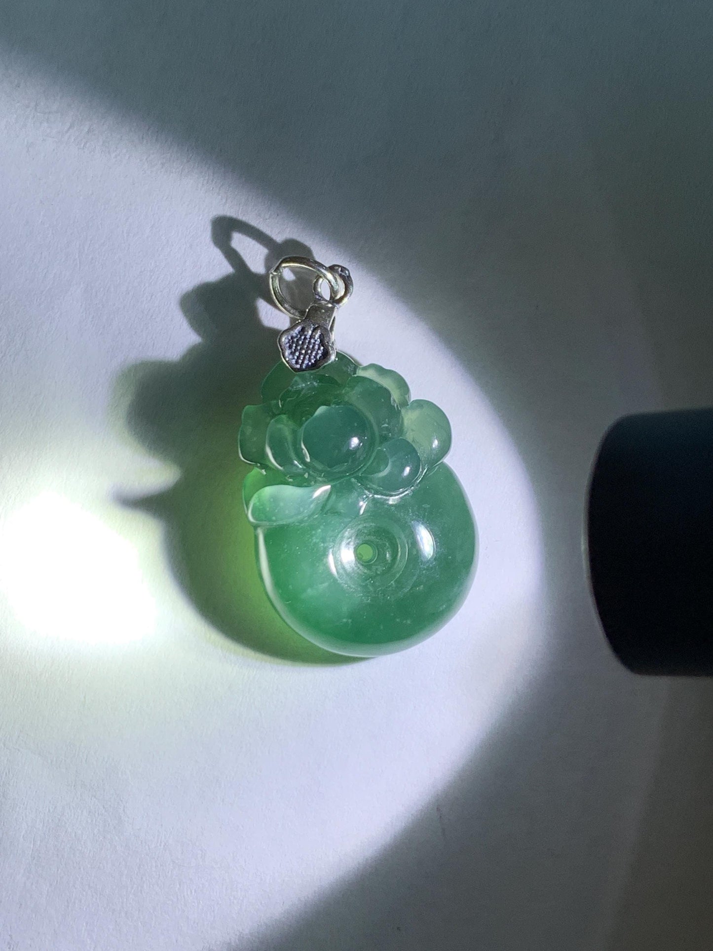 Natural Grade A Guatemalan Icy Translucent Teal Blue Jadeite Lotus Flower Ping An Kou Donut Pendant Sterling Silver 天然冰危蓝翡翠莲花平安扣吊坠 WSL385B