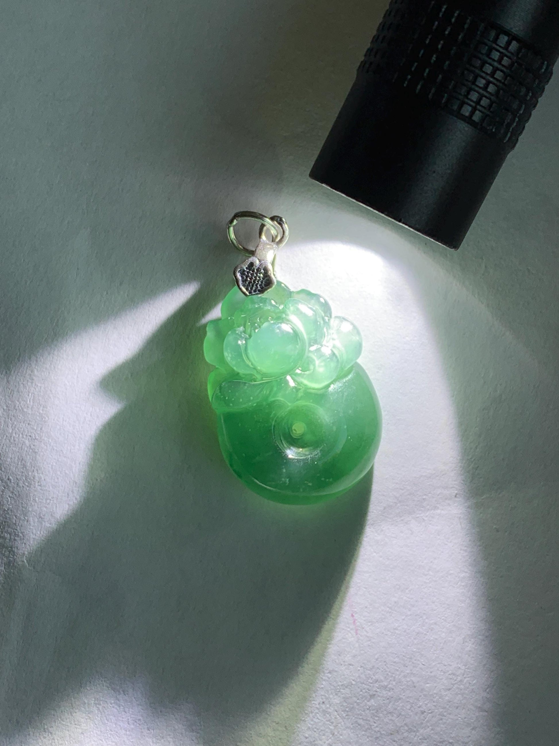 Natural Grade A Guatemalan Icy Translucent Teal Blue Jadeite Lotus Flower Ping An Kou Donut Pendant Sterling Silver 天然冰危蓝翡翠莲花平安扣吊坠 WSL385B