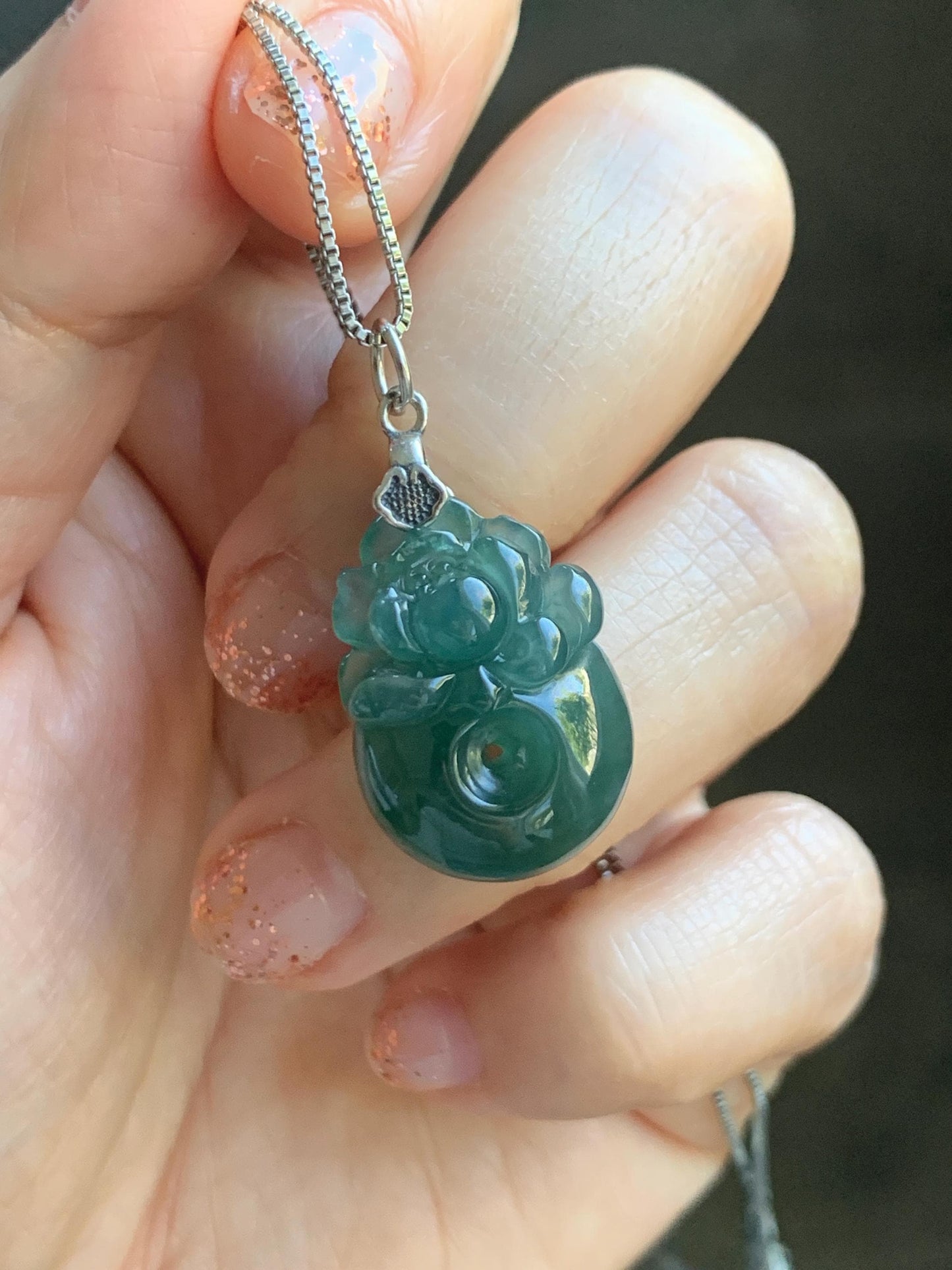 Natural Grade A Guatemalan Icy Translucent Teal Blue Jadeite Lotus Flower Ping An Kou Donut Pendant Sterling Silver 天然冰危蓝翡翠莲花平安扣吊坠 WSL385B