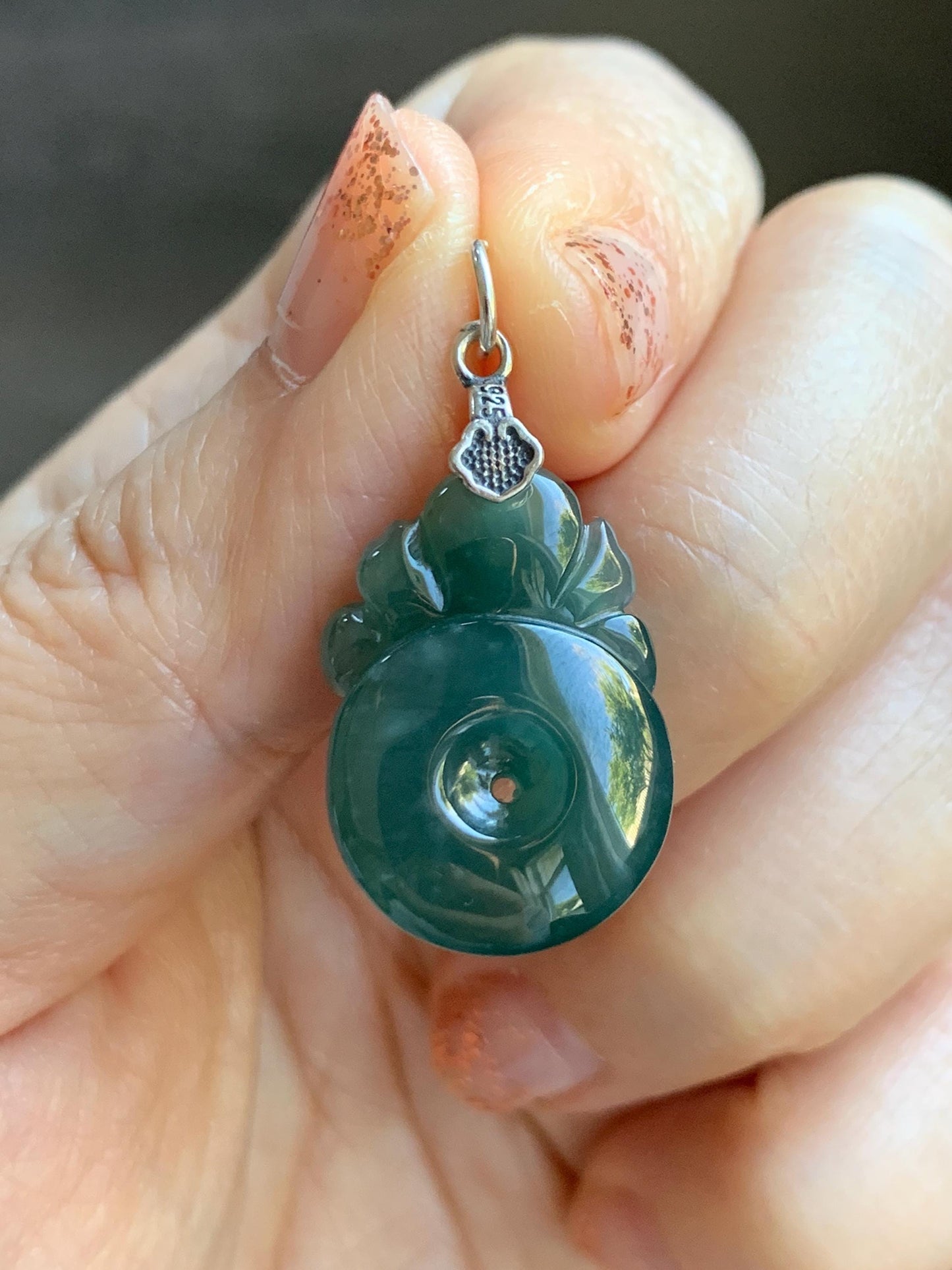 Natural Grade A Guatemalan Icy Translucent Teal Blue Jadeite Lotus Flower Ping An Kou Donut Pendant Sterling Silver 天然冰危蓝翡翠莲花平安扣吊坠 WSL385B