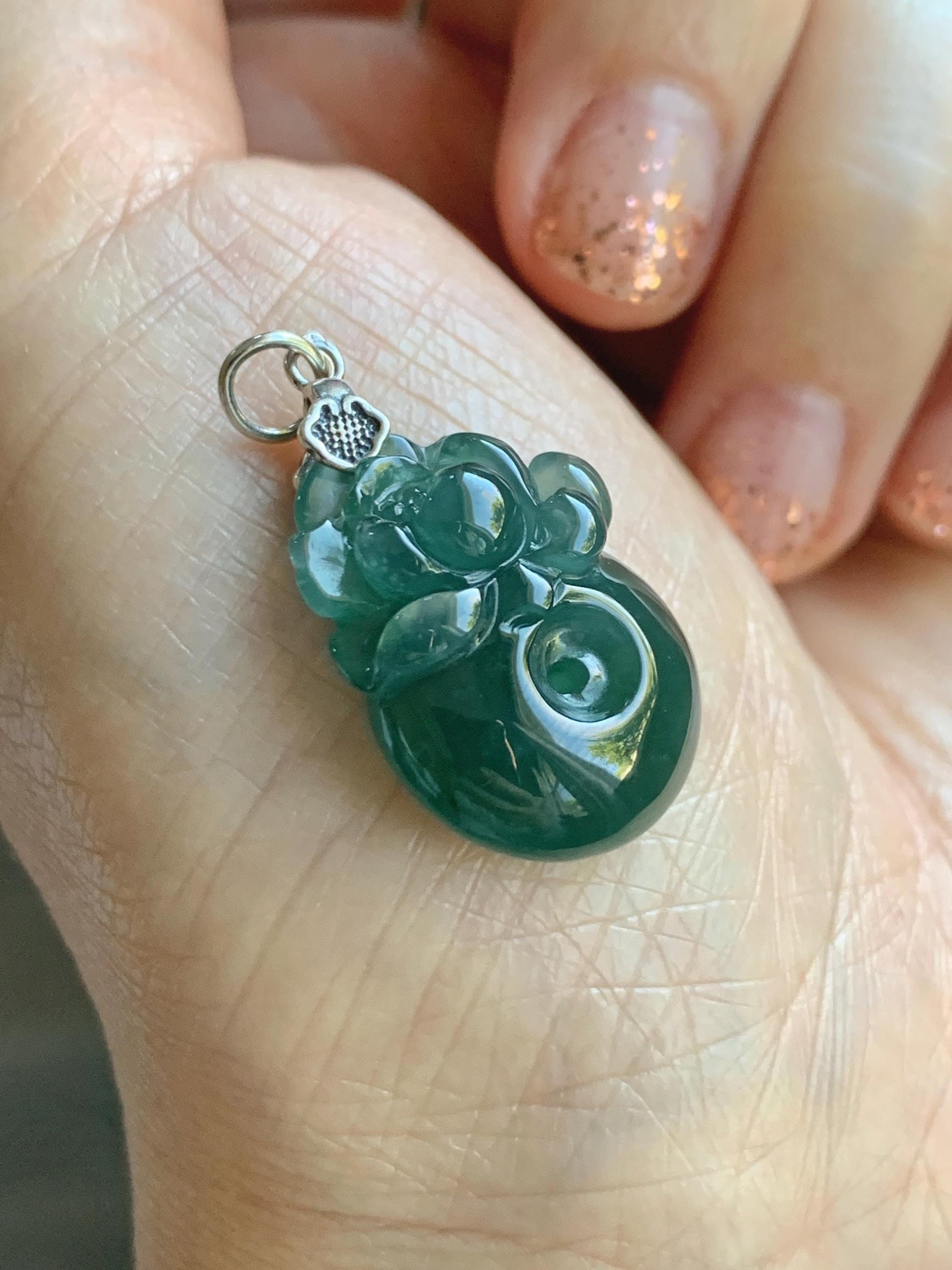 Natural Grade A Guatemalan Icy Translucent Teal Blue Jadeite Lotus Flower Ping An Kou Donut Pendant Sterling Silver 天然冰危蓝翡翠莲花平安扣吊坠 WSL385B