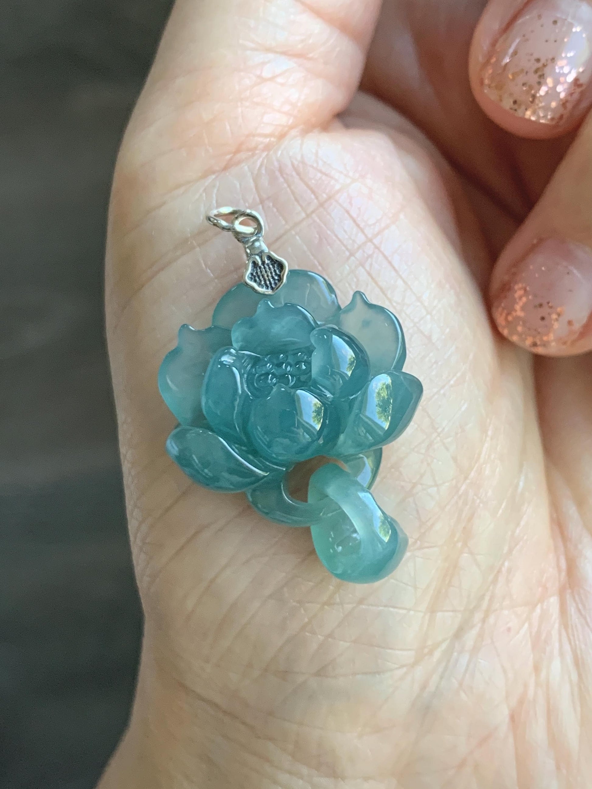 Natural Grade A Guatemalan Icy Translucent Teal Blue Jade Jadeite Lotus Flower Pendant Sterling Silver 8g 天然冰胶危蓝翡翠莲花吊坠 WLH316C
