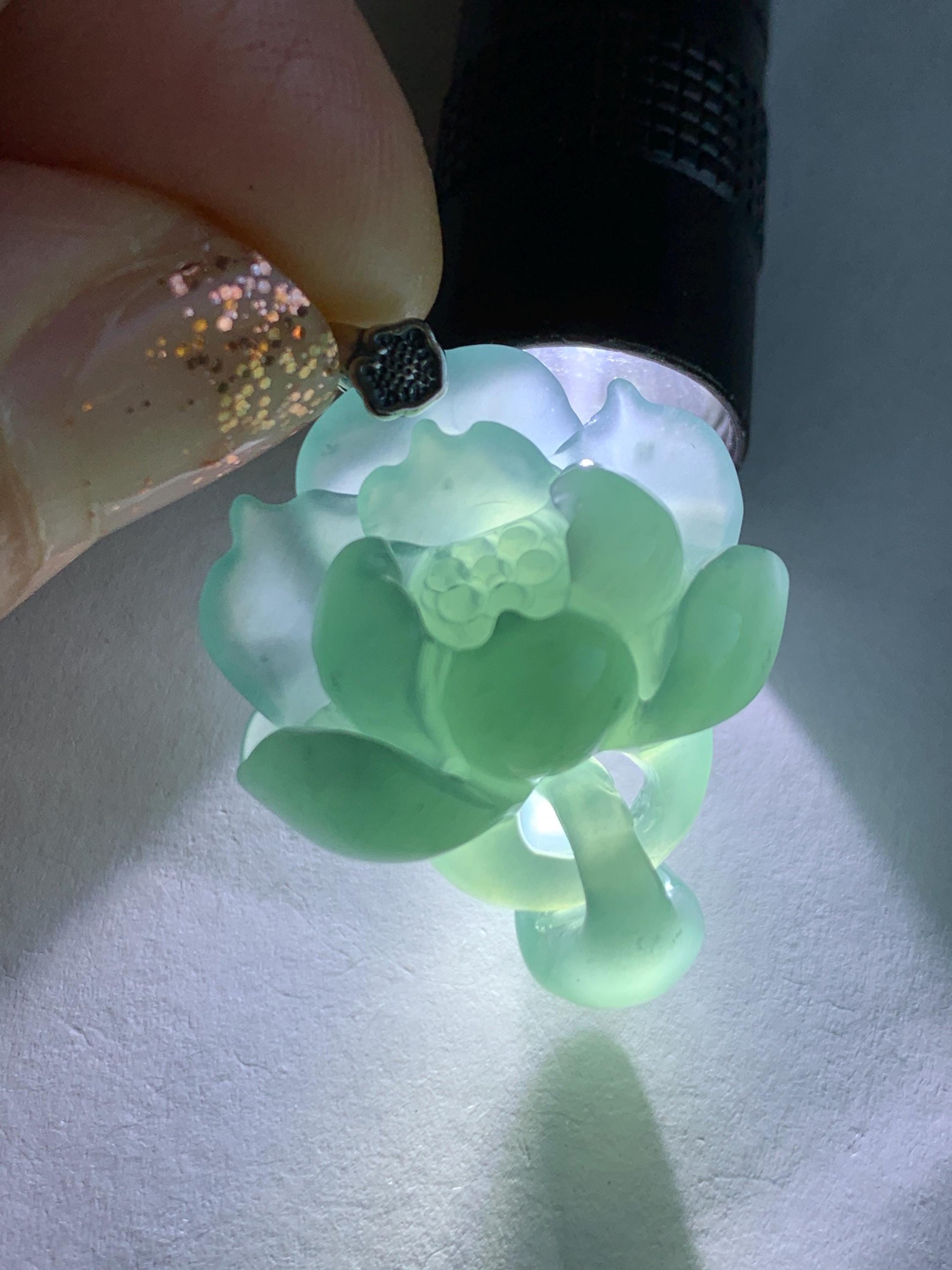 Natural Grade A Guatemalan Icy Translucent Teal Blue Jade Jadeite Lotus Flower Pendant Sterling Silver 8g 天然冰胶危蓝翡翠莲花吊坠 WLH316C