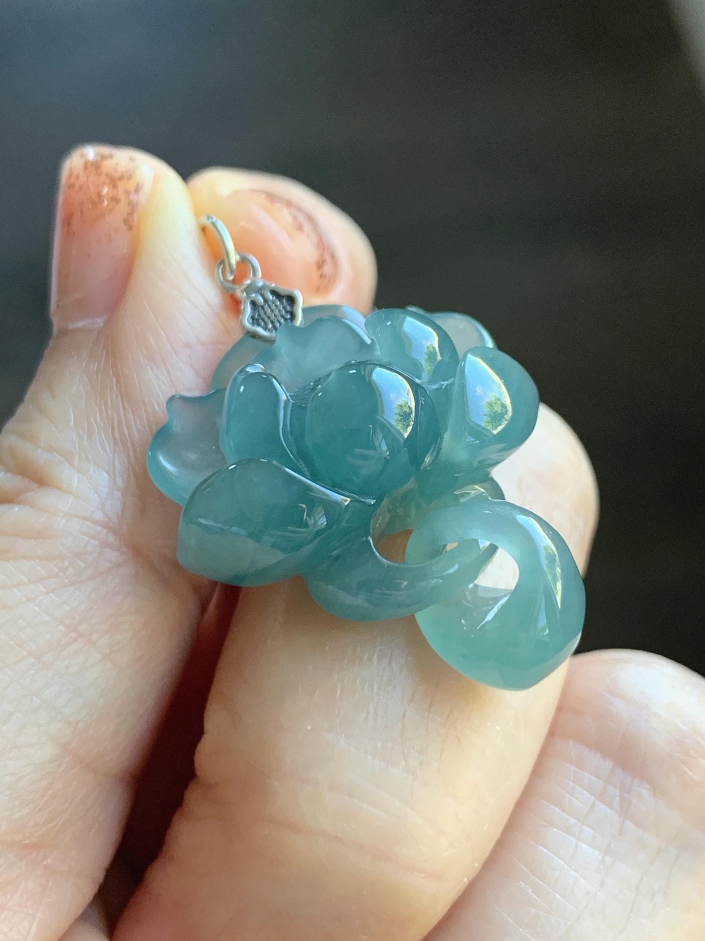 Natural Grade A Guatemalan Icy Translucent Teal Blue Jade Jadeite Lotus Flower Pendant Sterling Silver 8g 天然冰胶危蓝翡翠莲花吊坠 WLH316C
