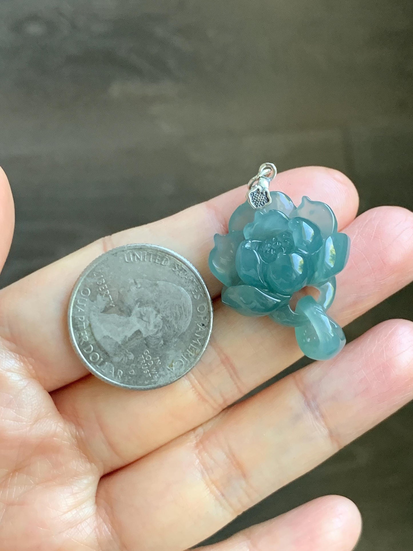 Natural Grade A Guatemalan Icy Translucent Teal Blue Jade Jadeite Lotus Flower Pendant Sterling Silver 8g 天然冰胶危蓝翡翠莲花吊坠 WLH316C