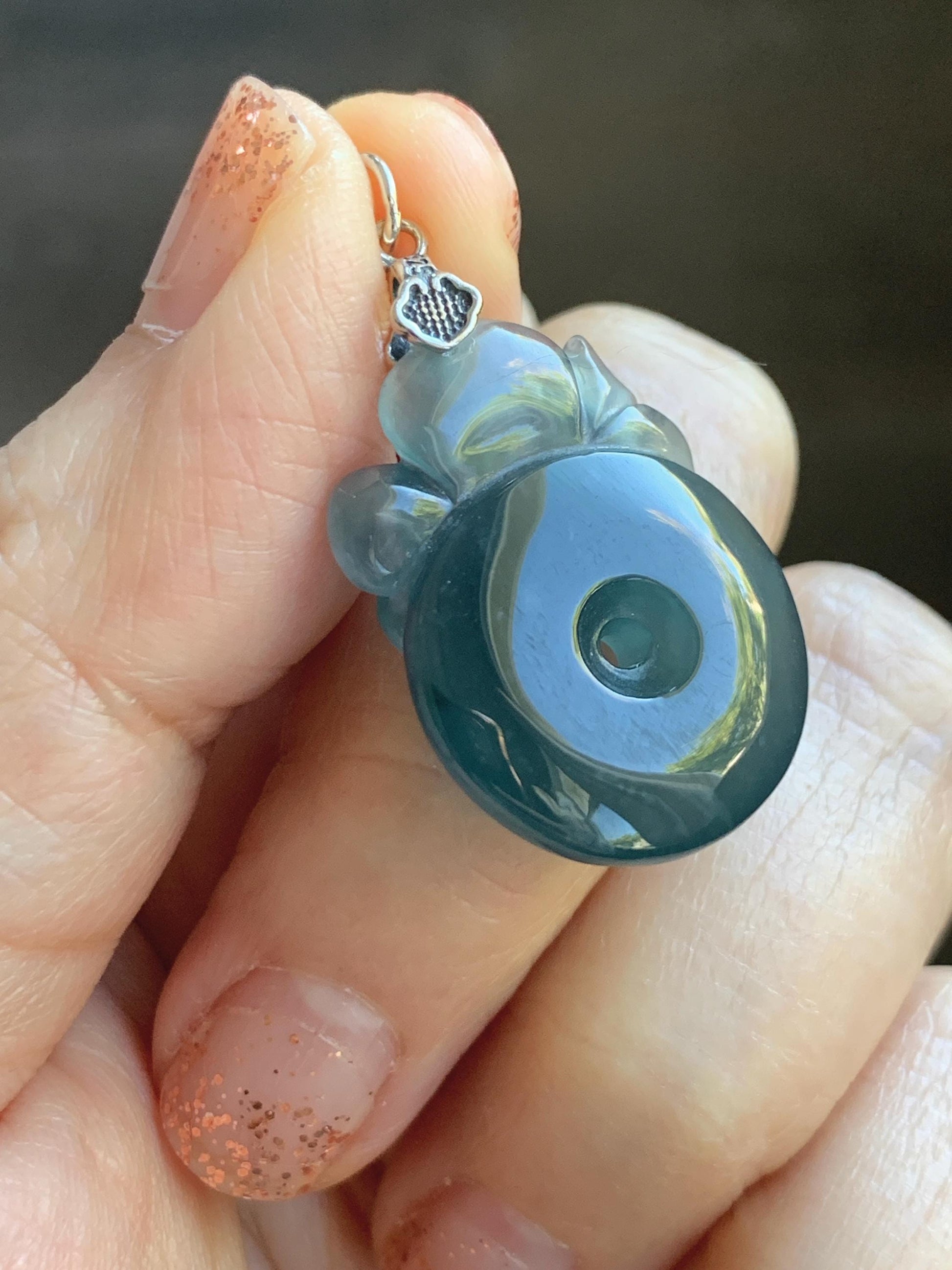 Natural Type A Guatemalan Icy Translucent Aegean Blue Jadeite Lotus Flower Ping An Kou Donut Pendant Sterling Silver 天然冰危牛仔蓝翡翠莲花平安扣吊坠DWH369A