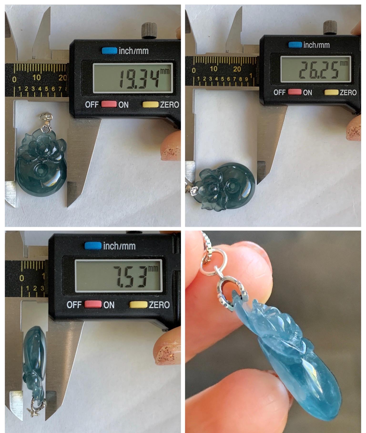 Natural Type A Guatemalan Icy Translucent Aegean Blue Jadeite Lotus Flower Ping An Kou Donut Pendant Sterling Silver 天然冰危牛仔蓝翡翠莲花平安扣吊坠DWH369A