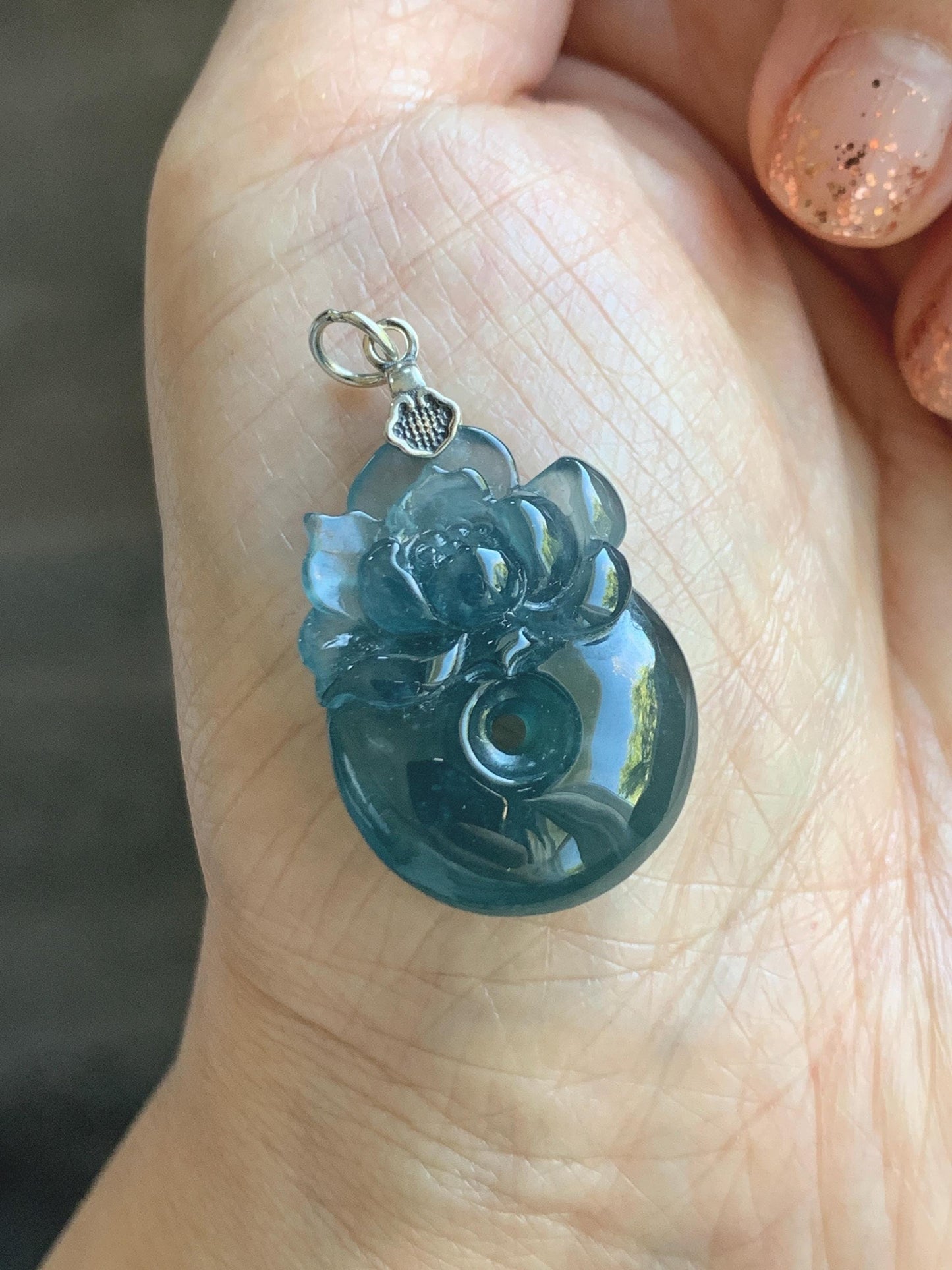 Natural Type A Guatemalan Icy Translucent Aegean Blue Jadeite Lotus Flower Ping An Kou Donut Pendant Sterling Silver 天然冰危牛仔蓝翡翠莲花平安扣吊坠DWH369A