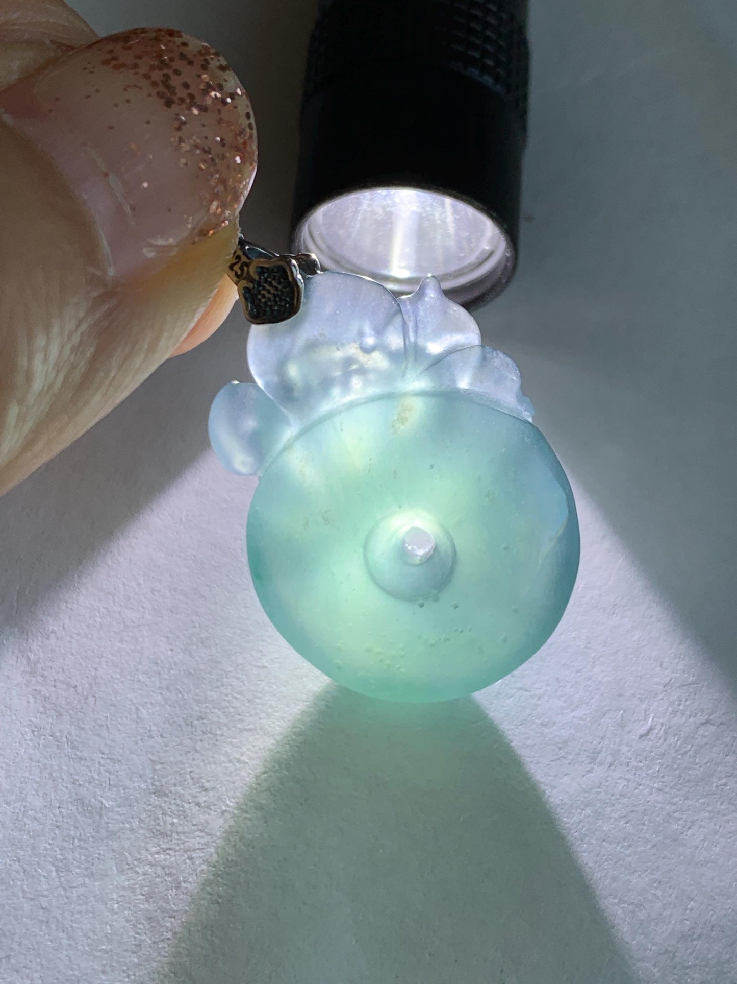 Natural Type A Guatemalan Icy Translucent Aegean Blue Jadeite Lotus Flower Ping An Kou Donut Pendant Sterling Silver 天然冰危牛仔蓝翡翠莲花平安扣吊坠DWH369A