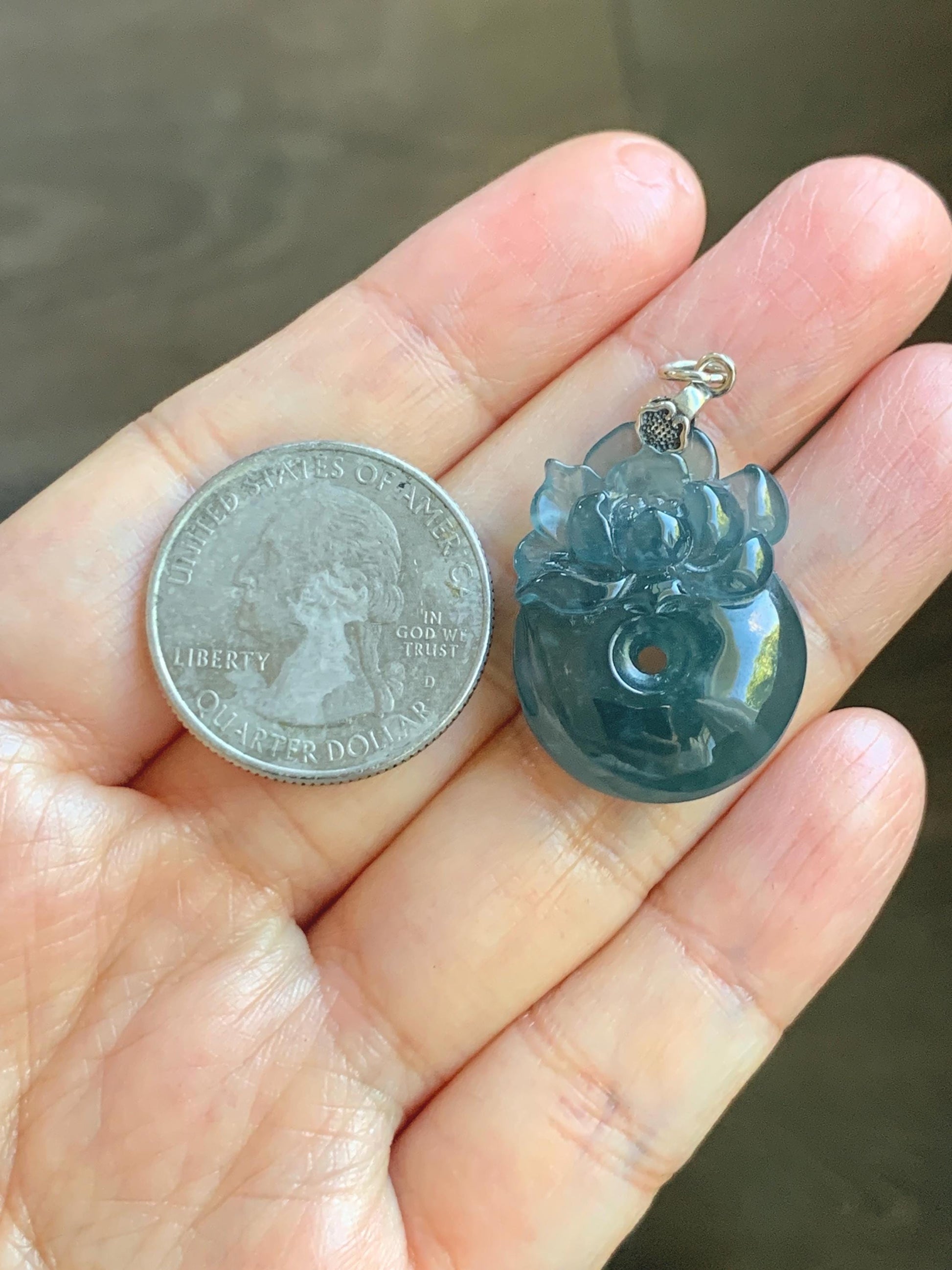 Natural Type A Guatemalan Icy Translucent Aegean Blue Jadeite Lotus Flower Ping An Kou Donut Pendant Sterling Silver 天然冰危牛仔蓝翡翠莲花平安扣吊坠DWH369A